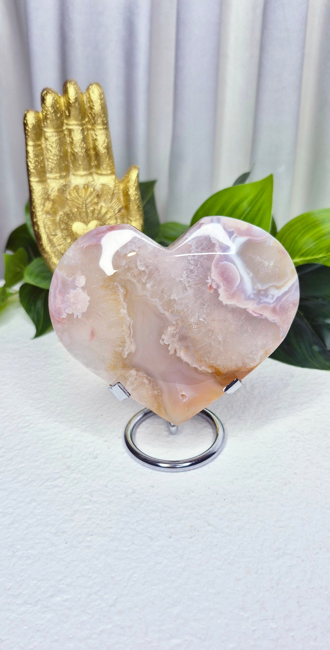 Pink Amethyst x Fower Agate Heart Carving on Stand #D