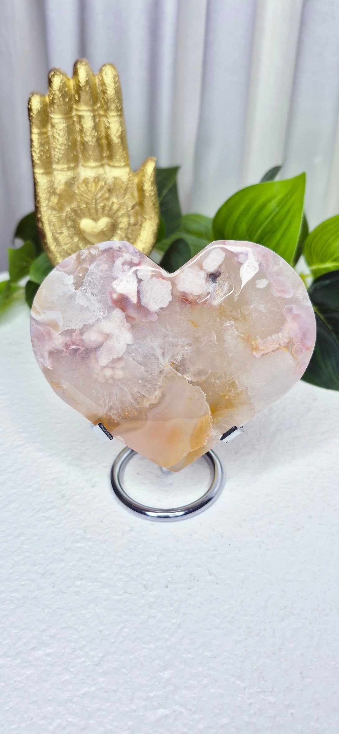 Pink Amethyst x Fower Agate Heart Carving on Stand #D