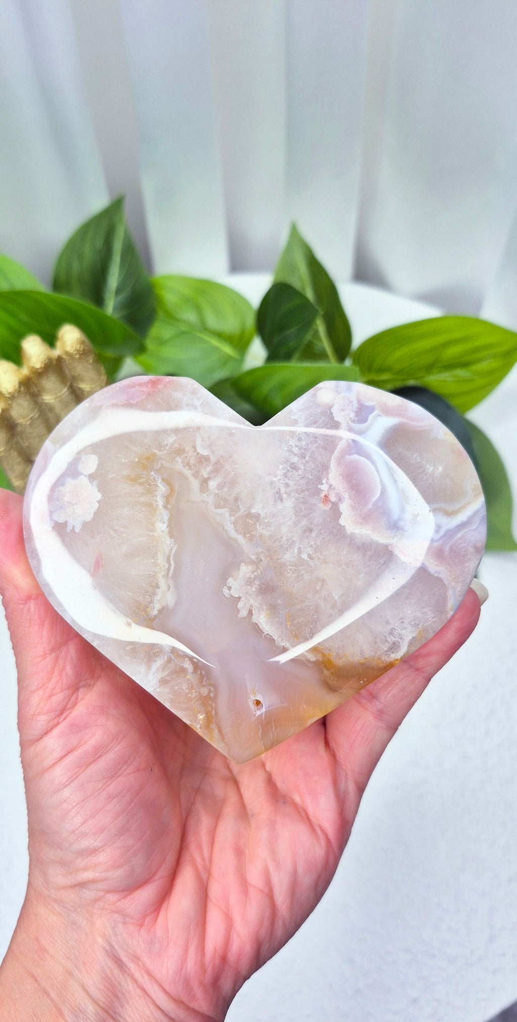 Pink Amethyst x Fower Agate Heart Carving on Stand #D