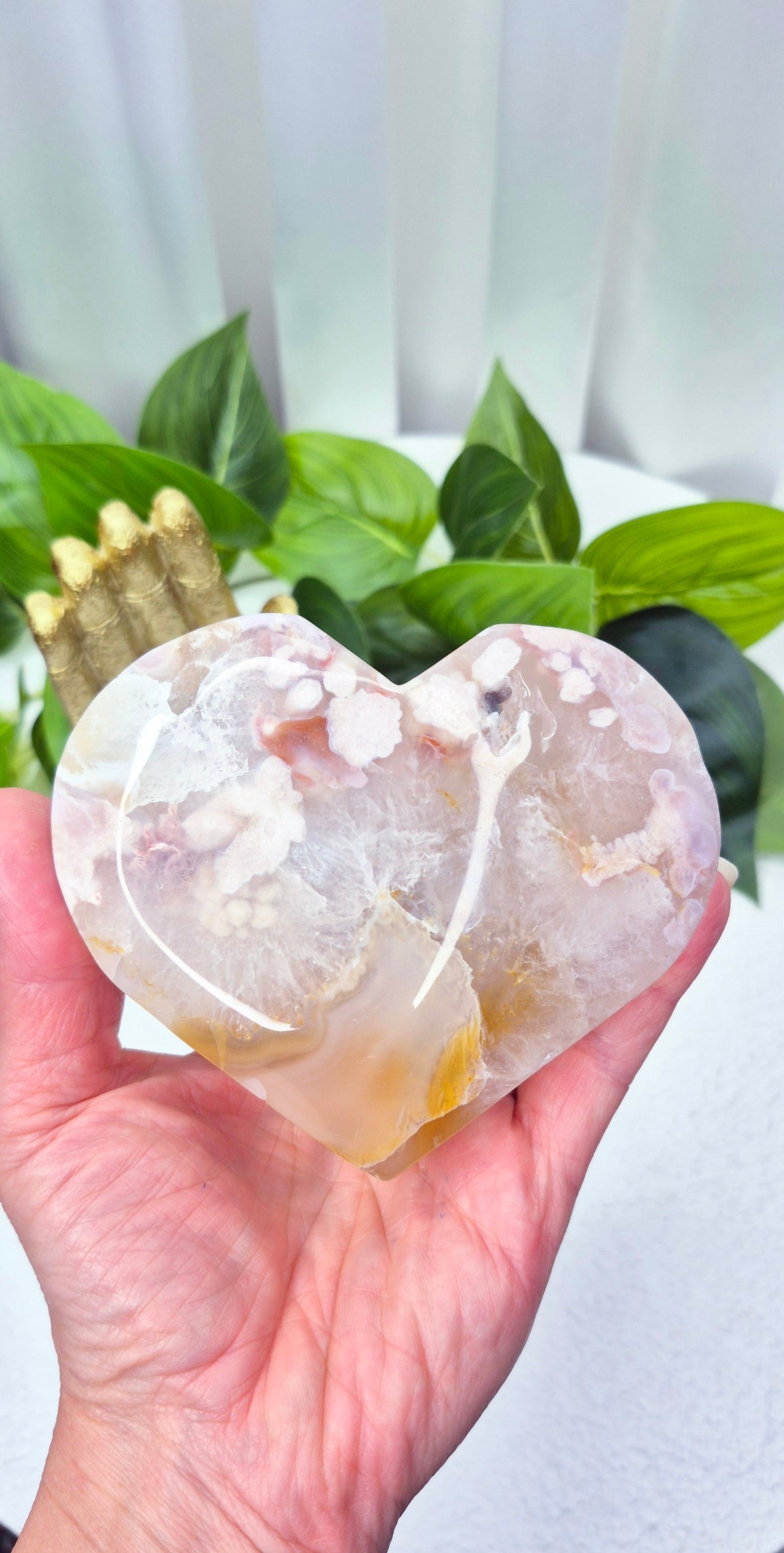 Pink Amethyst x Fower Agate Heart Carving on Stand #D