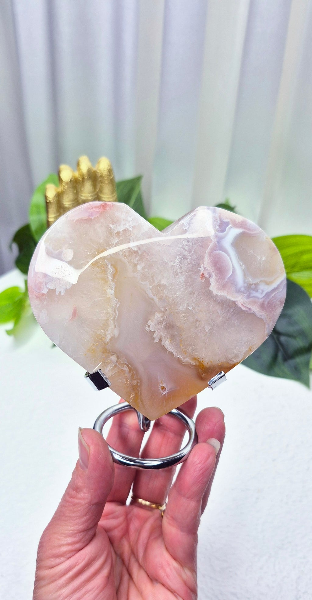 Pink Amethyst x Fower Agate Heart Carving on Stand #D
