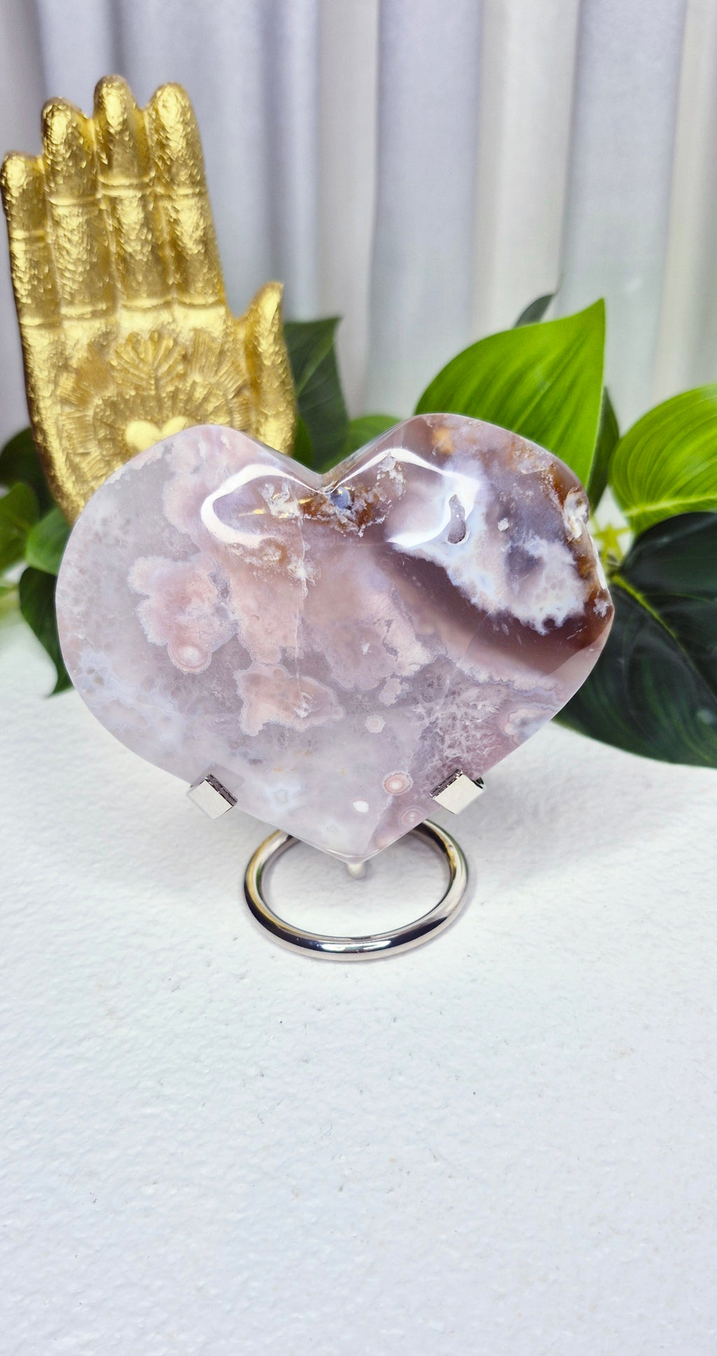 Pink Amethyst x Flower Agate Heart Carving on Stand #C