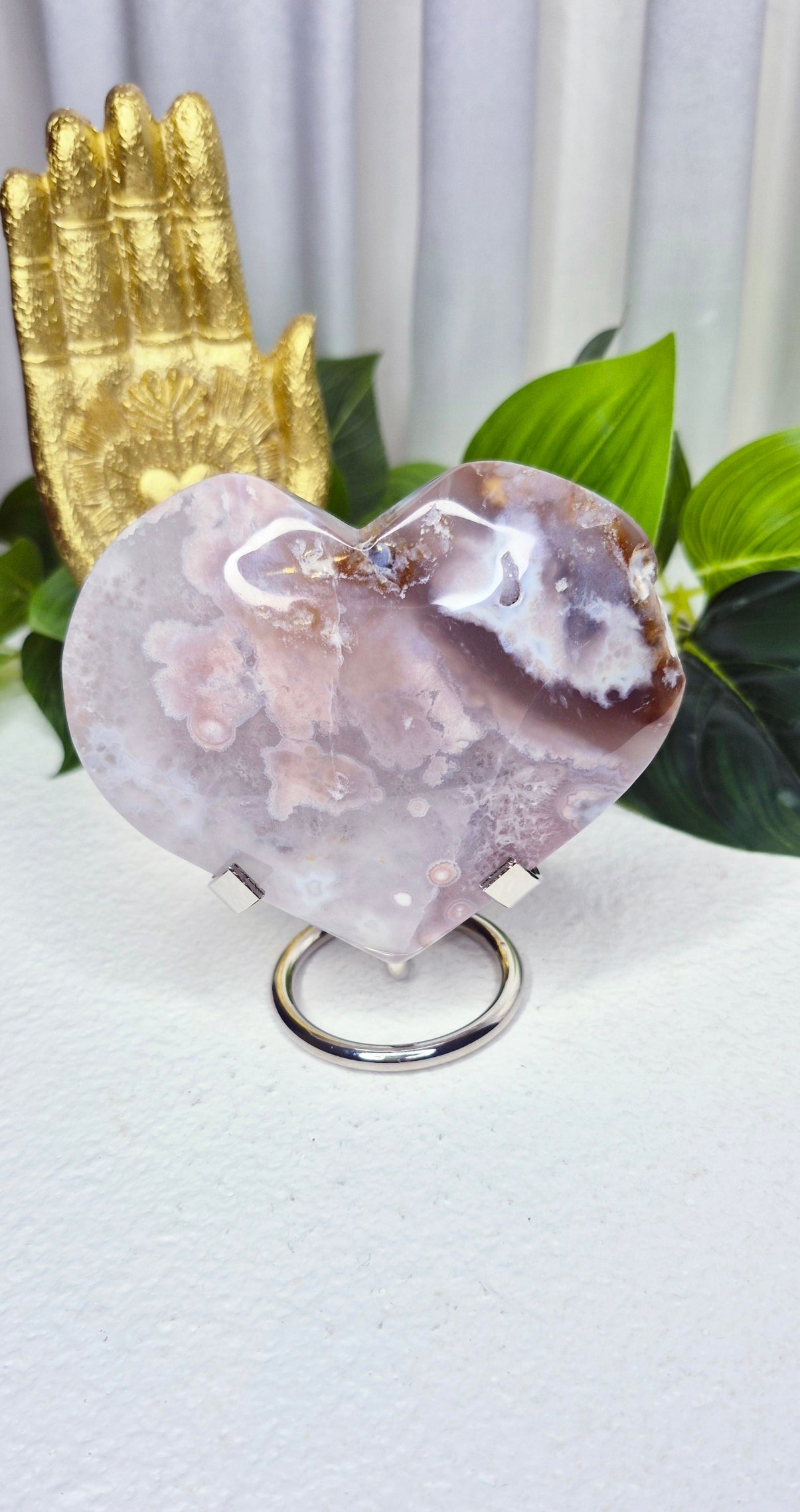 Pink Amethyst x Flower Agate Heart Carving on Stand #C