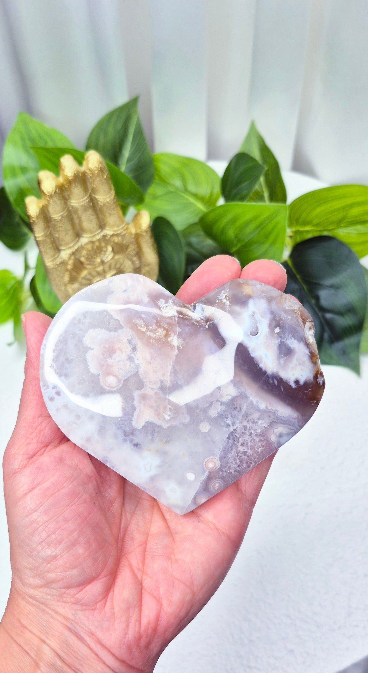 Pink Amethyst x Flower Agate Heart Carving on Stand #C