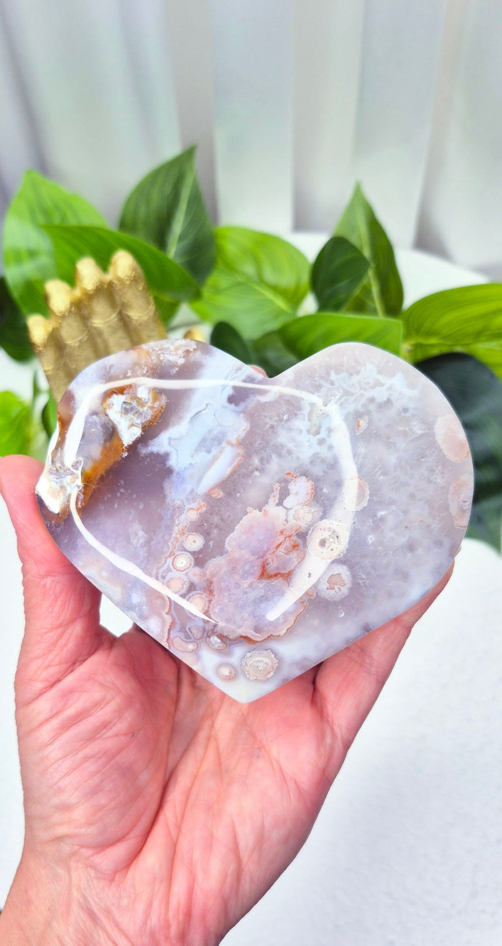 Pink Amethyst x Flower Agate Heart Carving on Stand #C