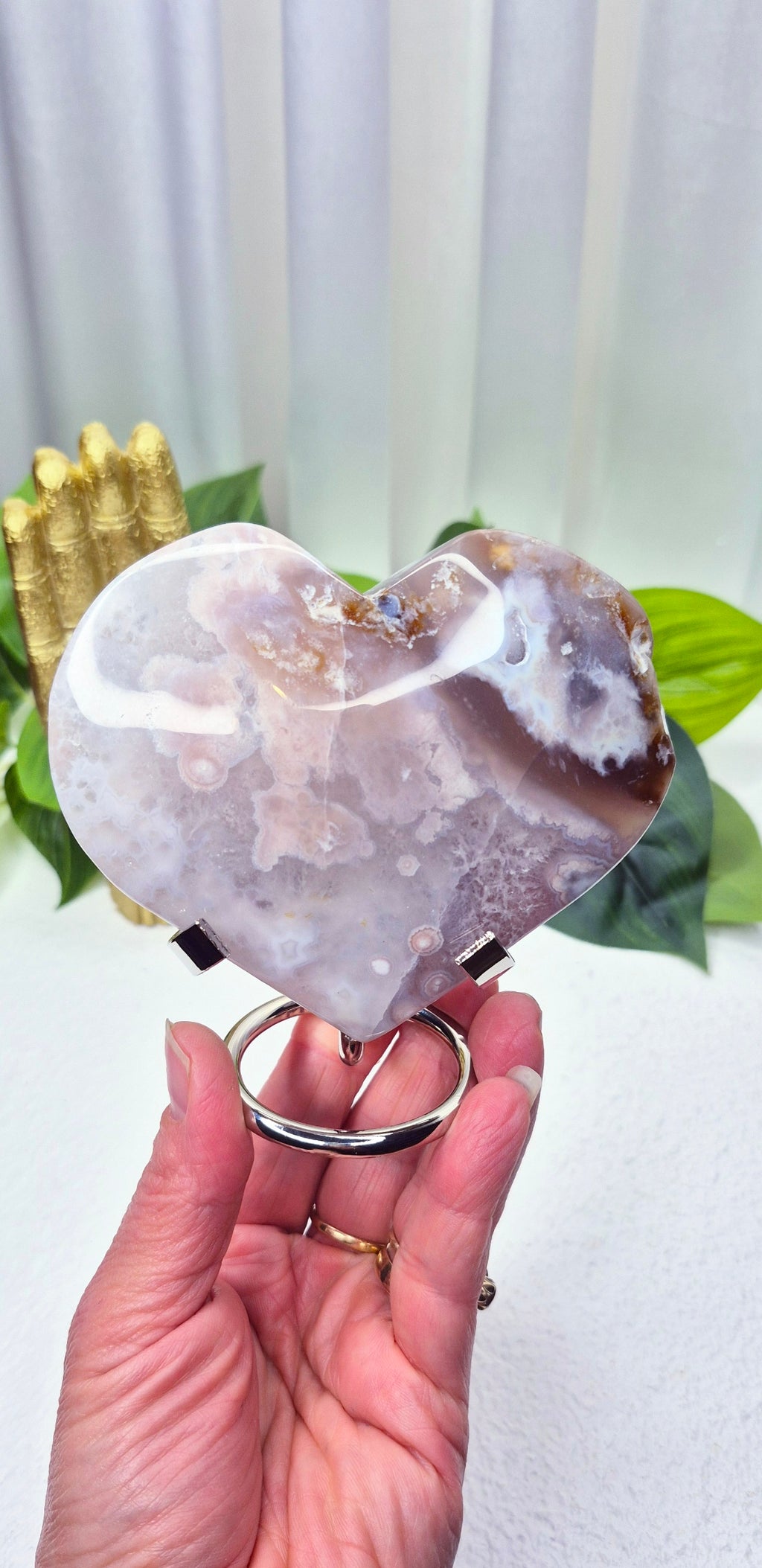 Pink Amethyst x Flower Agate Heart Carving on Stand #C