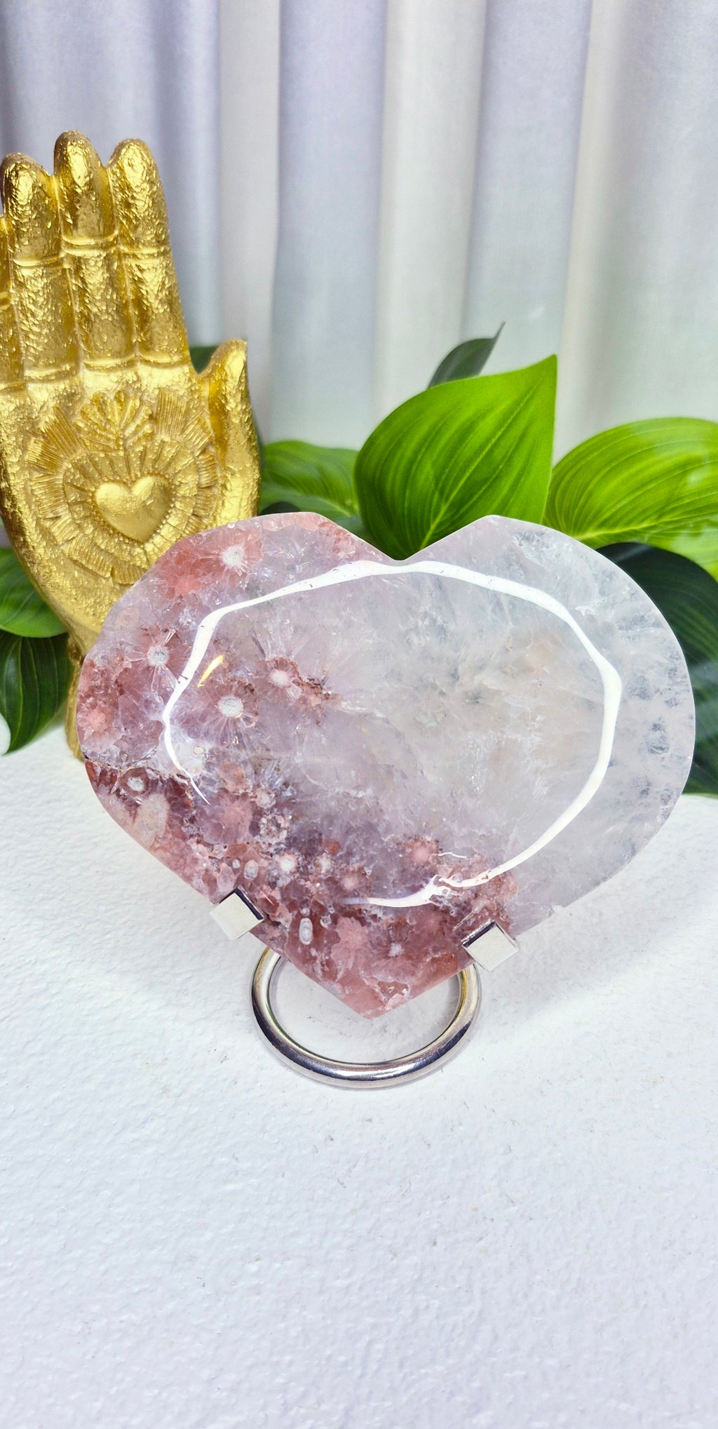 Pink Amethyst x Flower Agate Heart Carving on Stand #A