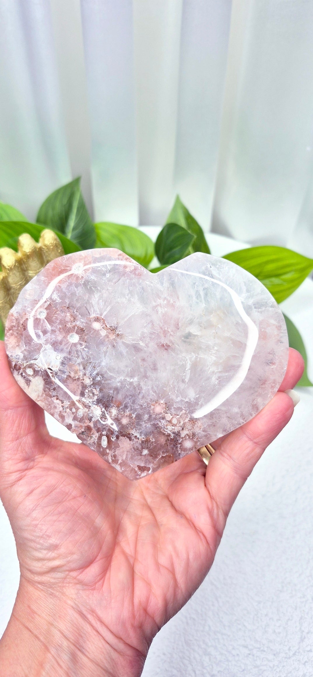 Pink Amethyst x Flower Agate Heart Carving on Stand #A