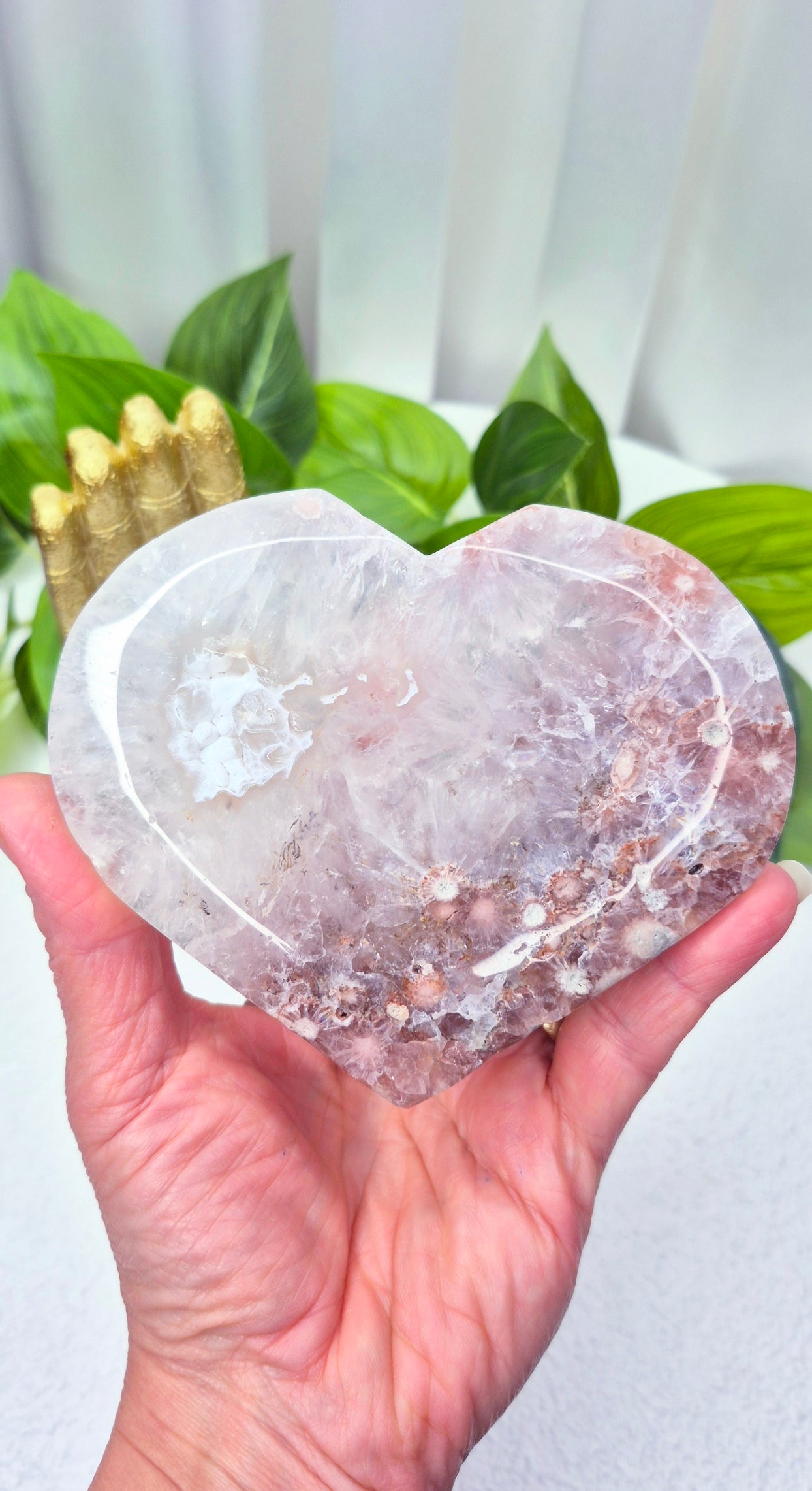 Pink Amethyst x Flower Agate Heart Carving on Stand #A