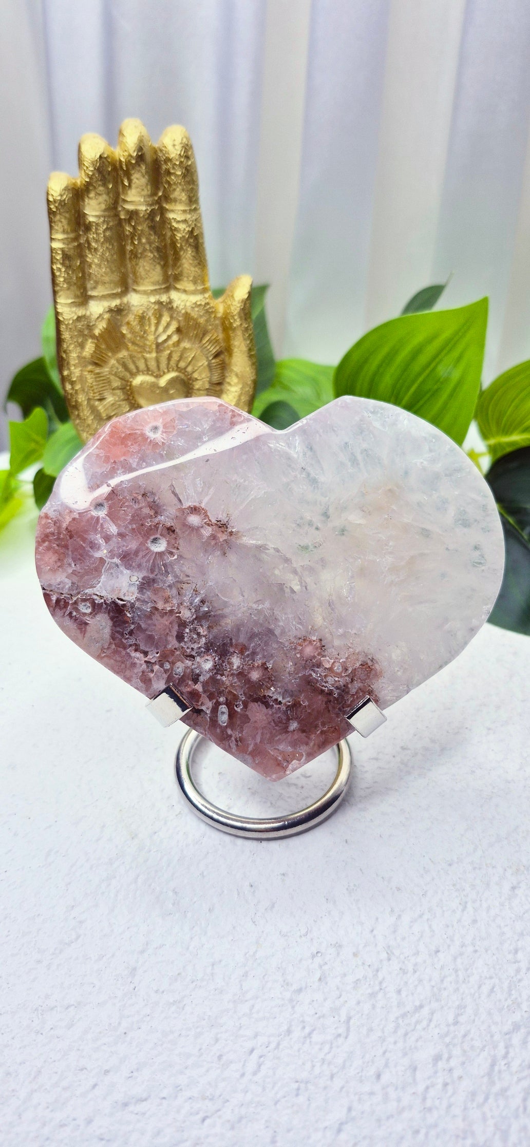 Pink Amethyst x Flower Agate Heart Carving on Stand #A