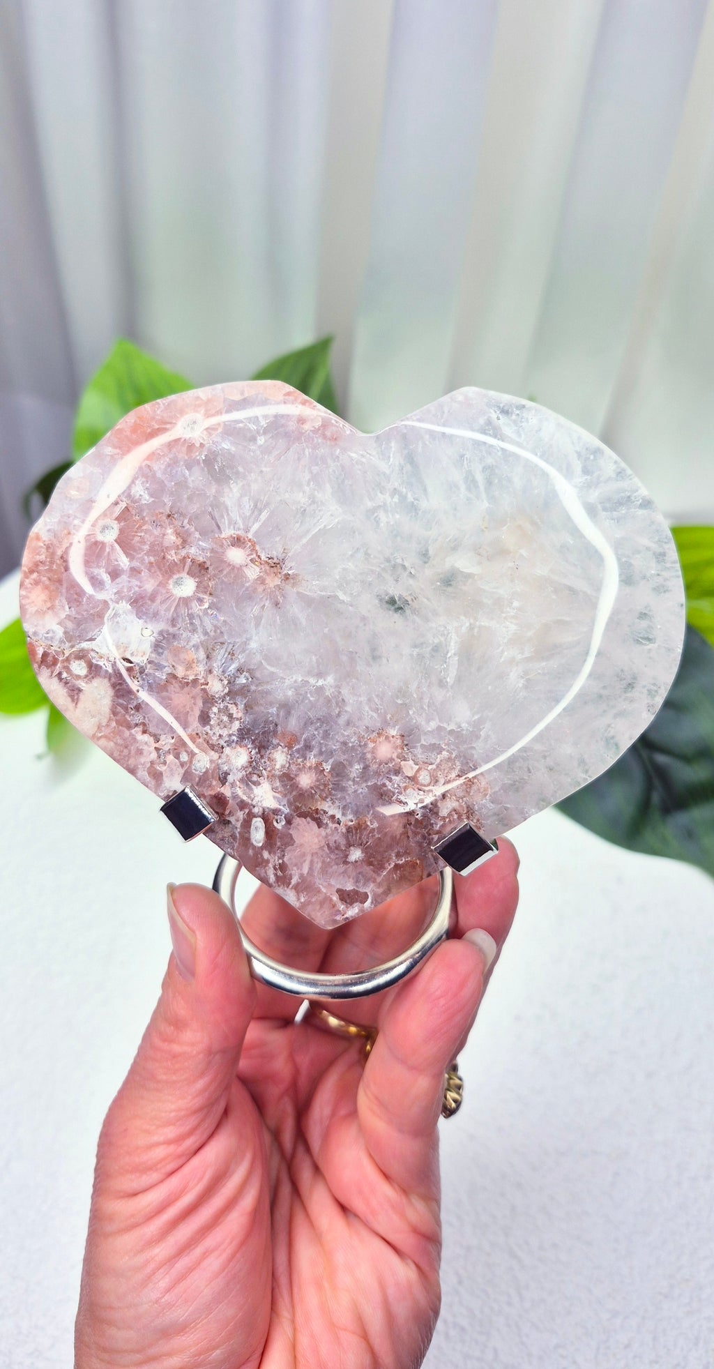 Pink Amethyst x Flower Agate Heart Carving on Stand #A