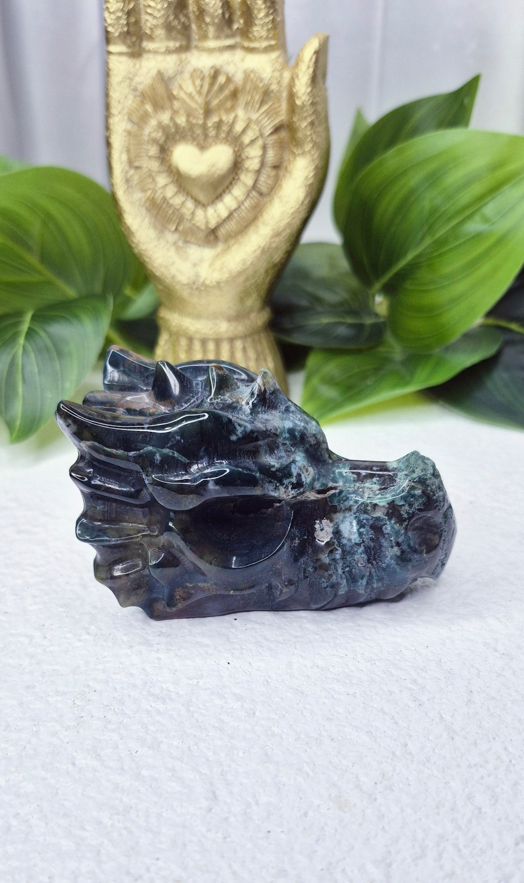 Moss Agate Dragon Head Carving #A