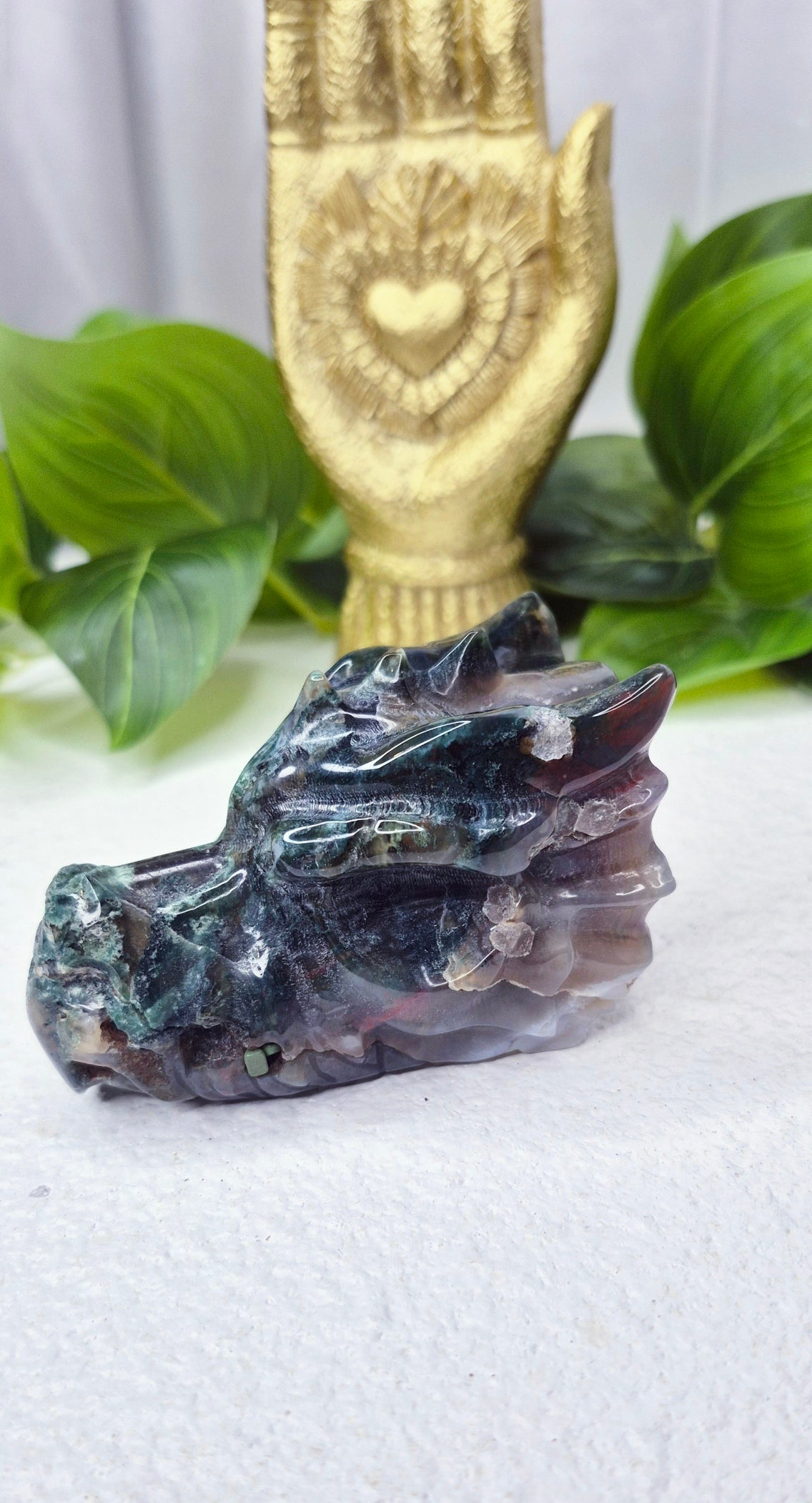 Moss Agate Dragon Head Carving #A