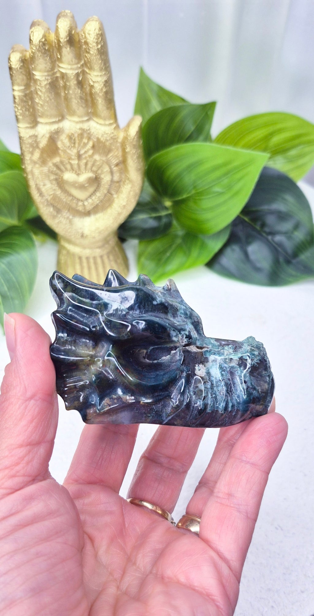 Moss Agate Dragon Head Carving #A