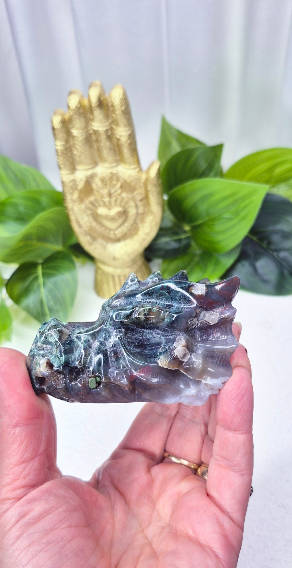 Moss Agate Dragon Head Carving #A