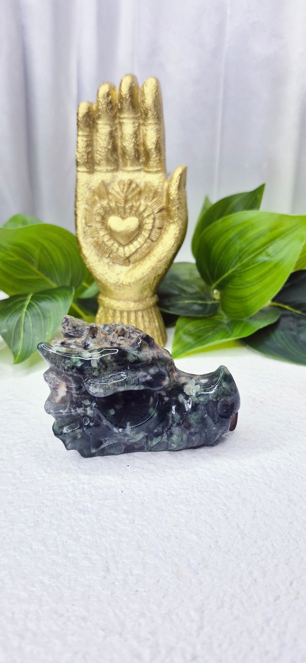 Moss Agate Dragon Head Carving #C