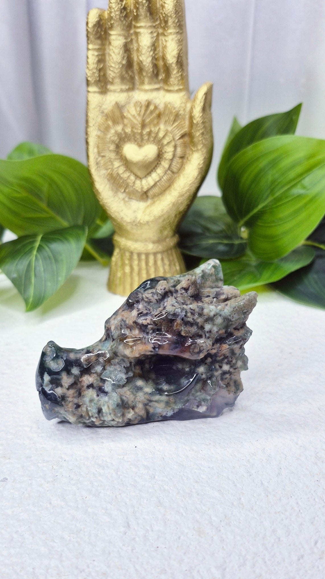 Moss Agate Dragon Head Carving #C