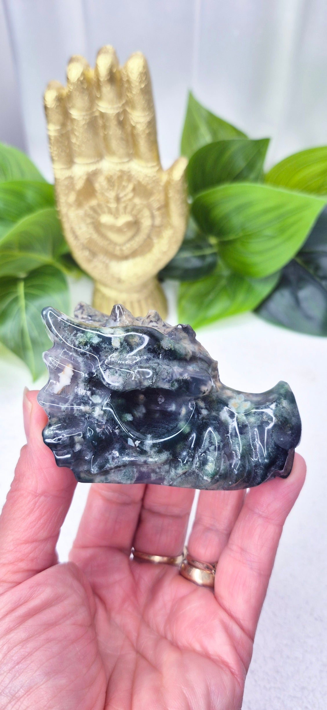 Moss Agate Dragon Head Carving #C