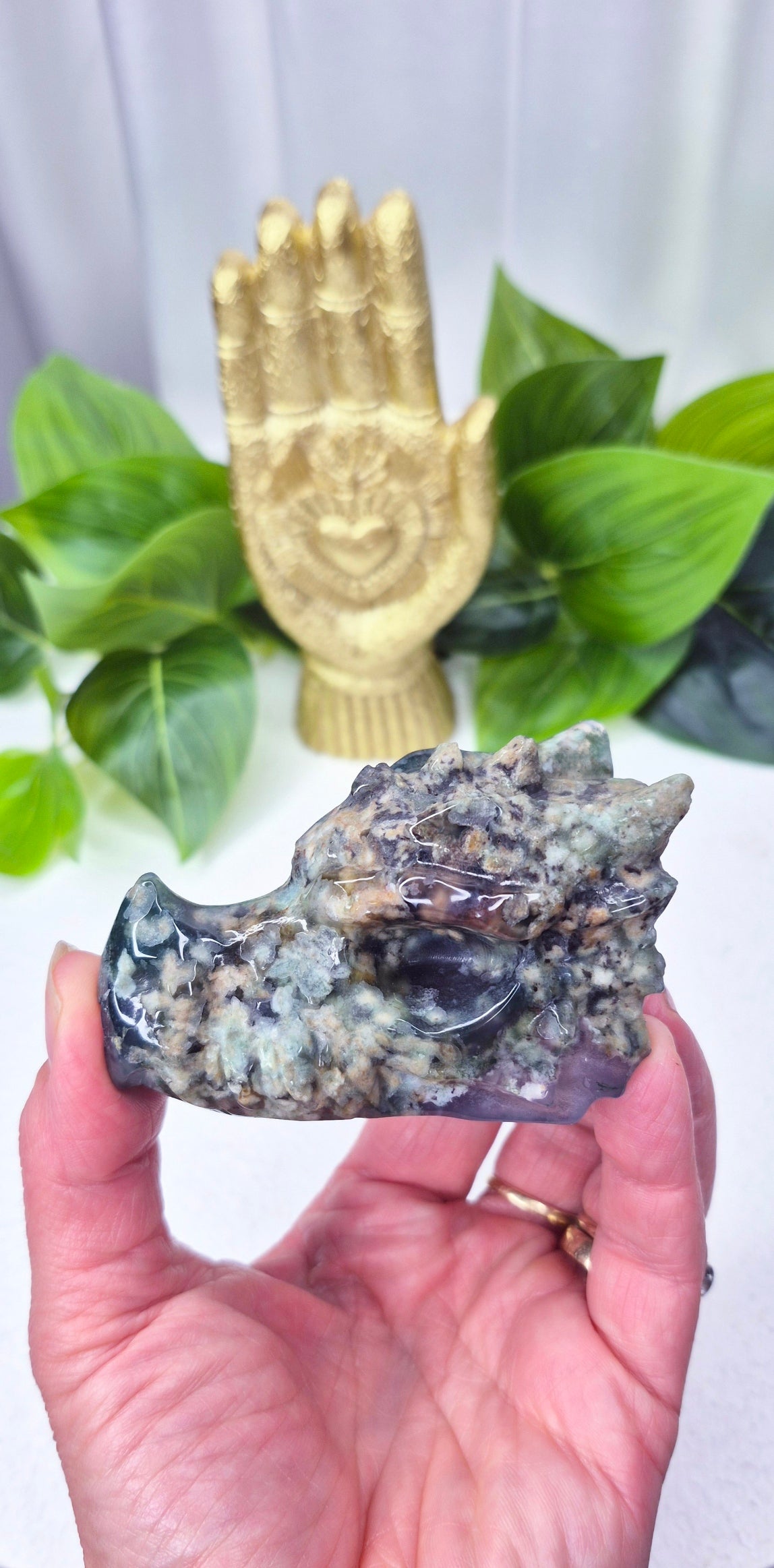 Moss Agate Dragon Head Carving #C