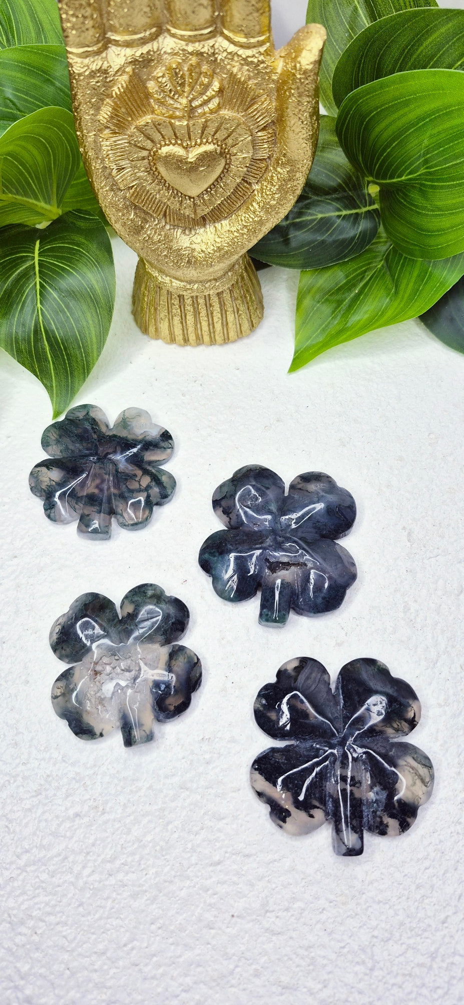 Moss Agate Four Leaf Clover Carving