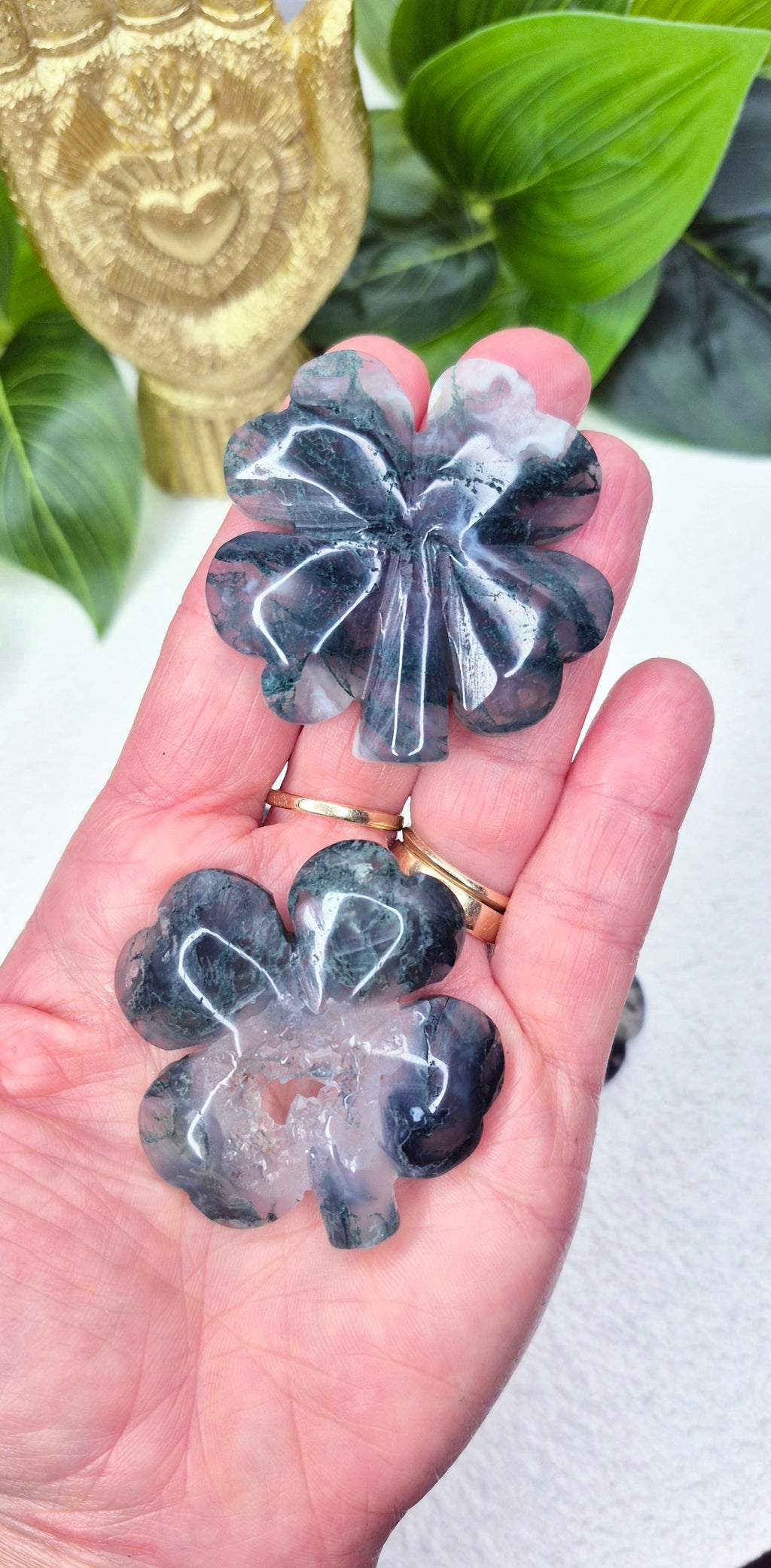 Moss Agate Four Leaf Clover Carving