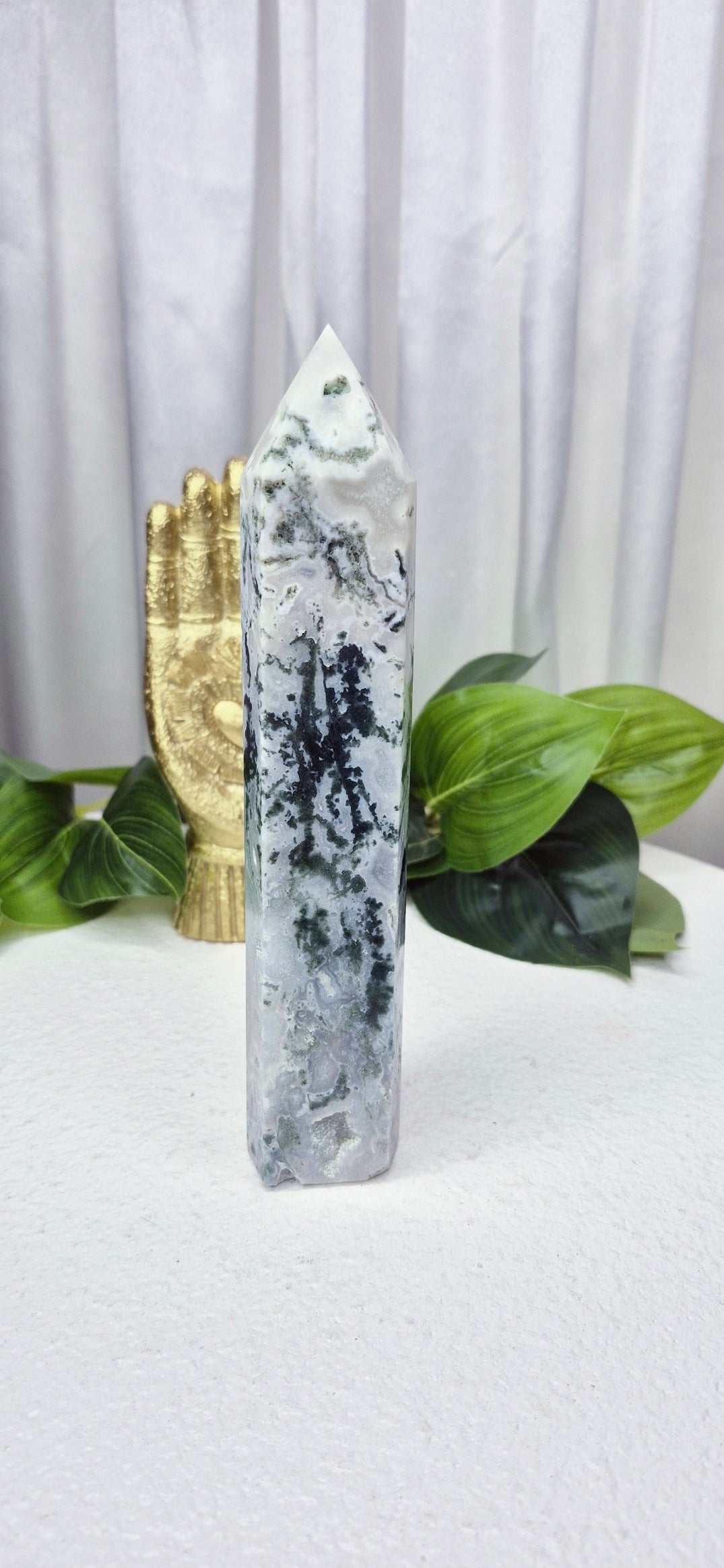 Moss Agate Tower with Druzy pockets #A