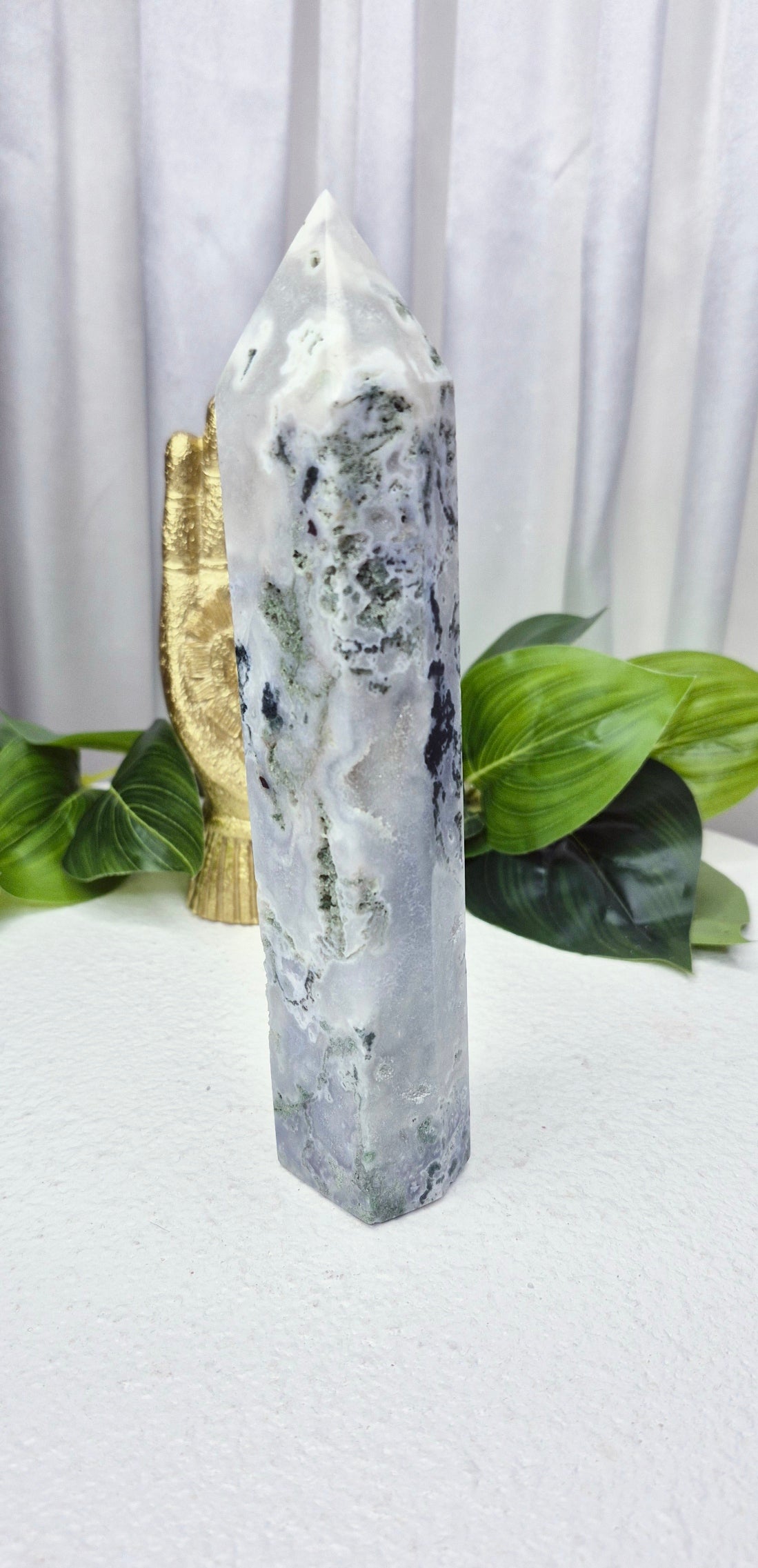 Moss Agate Tower with Druzy pockets #A