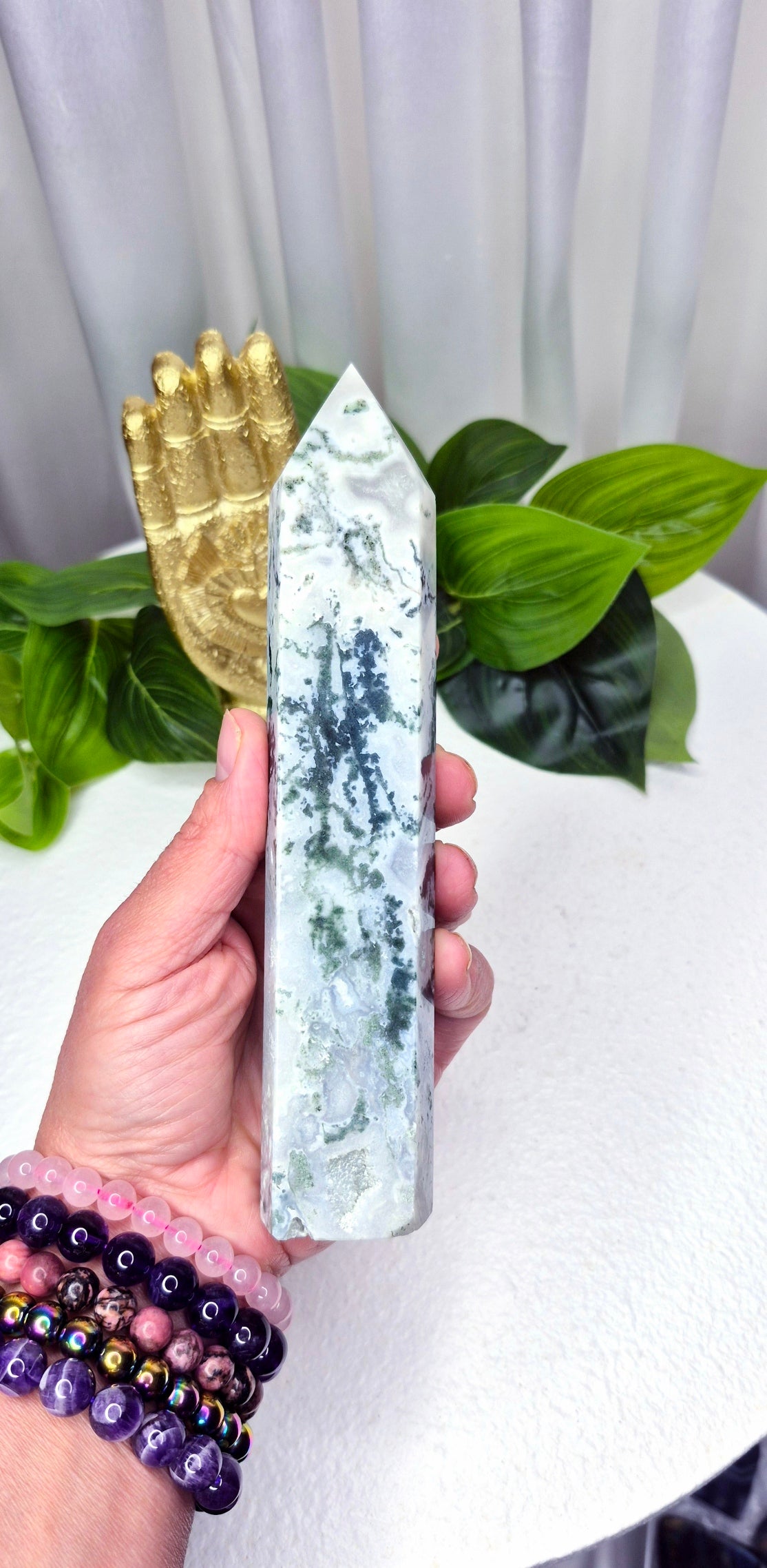Moss Agate Tower with Druzy pockets #A