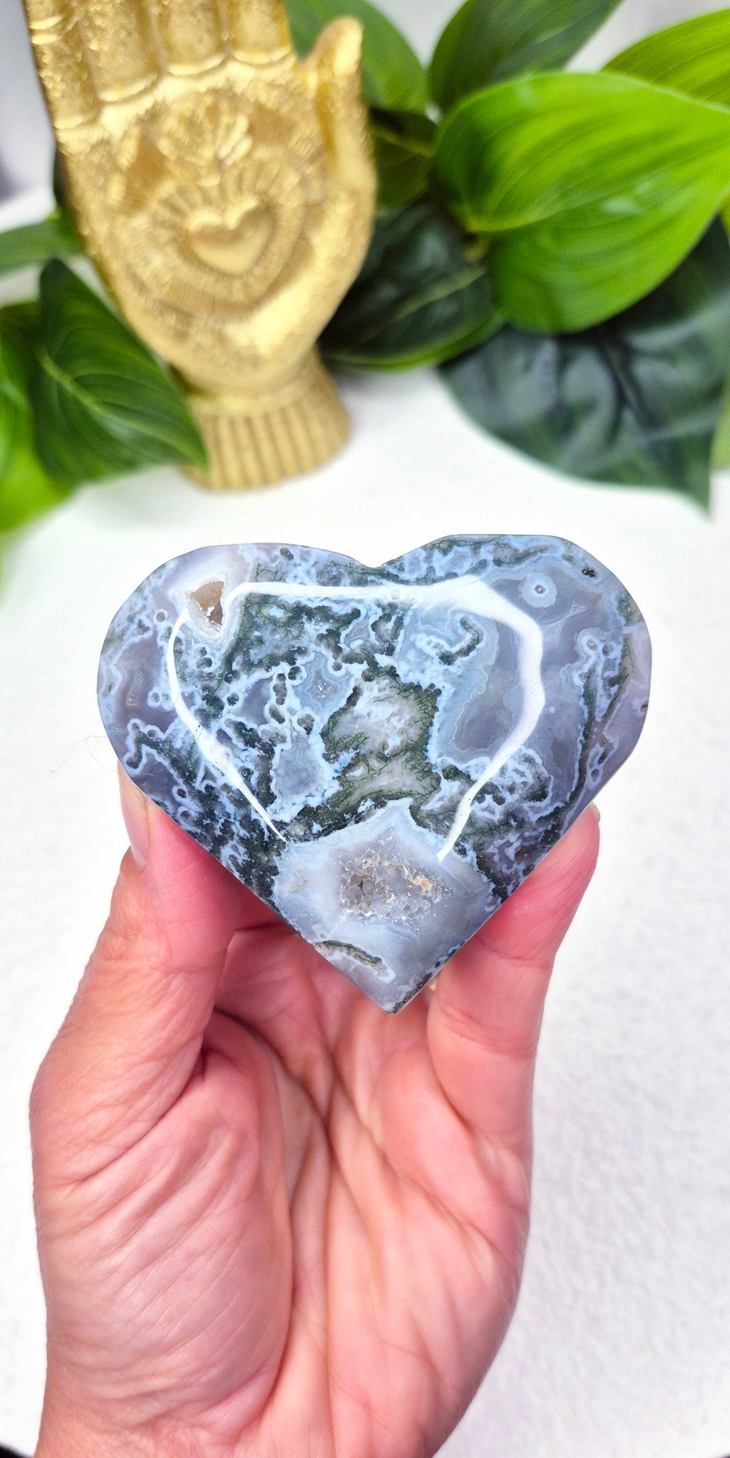 Moss Agate Heart Carving #A