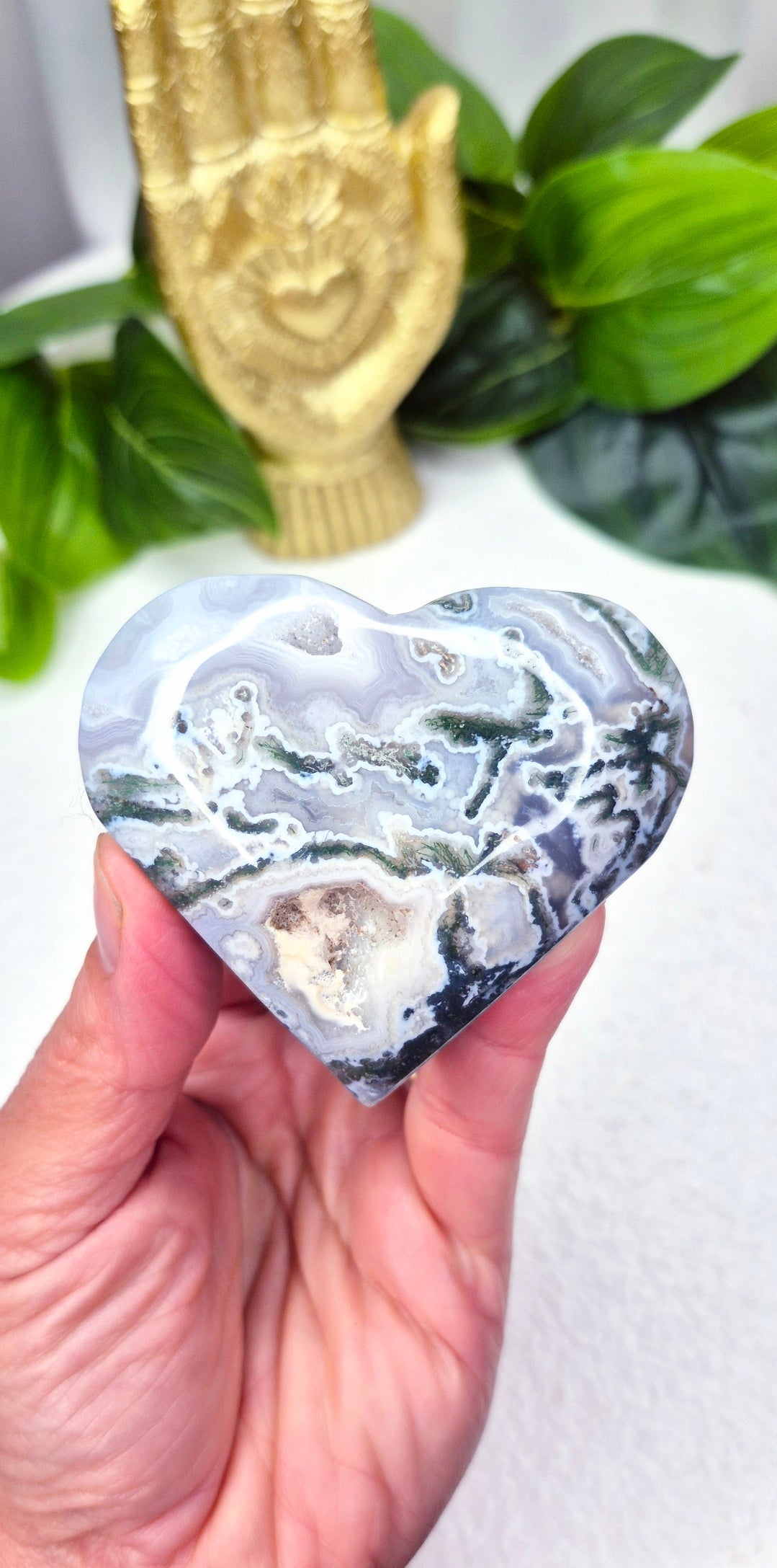 Moss Agate Heart Carving #A