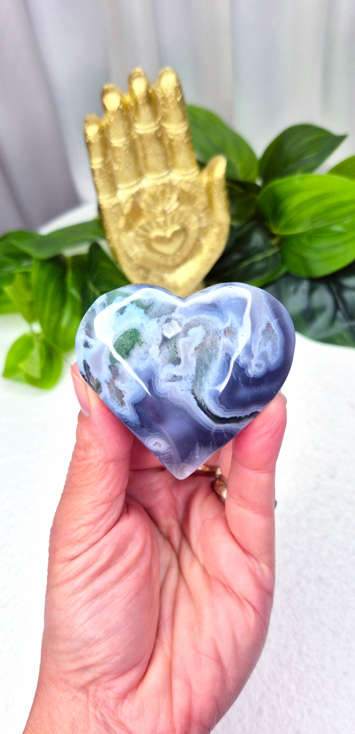 Moss agate Heart Carving #B