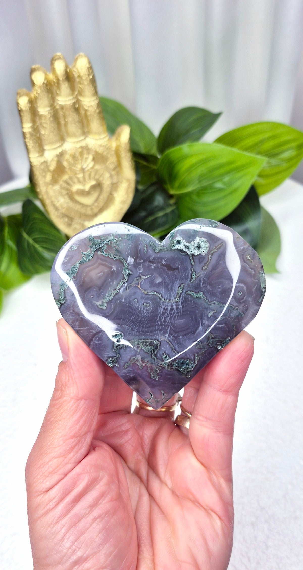 Moss Agate Heart Carving #C