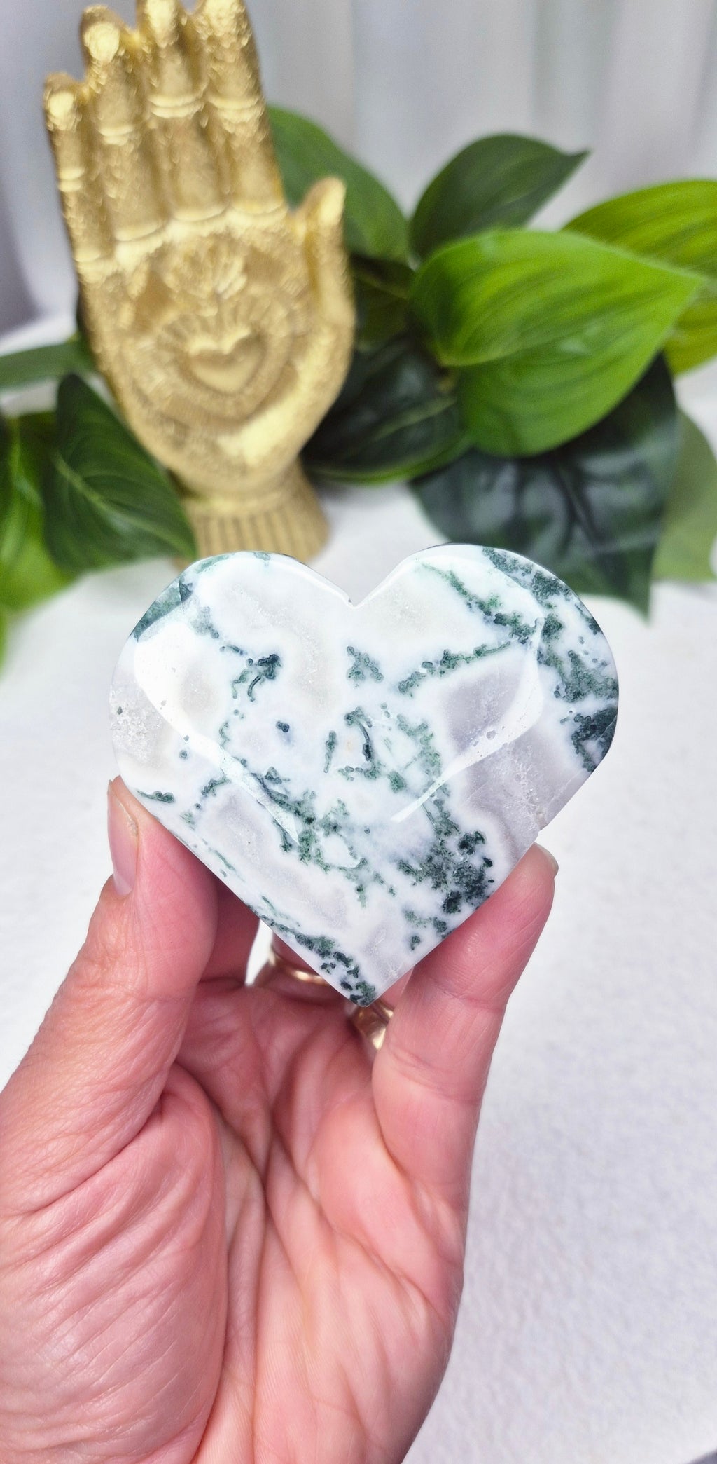 Moss Agate Heart Carving #D