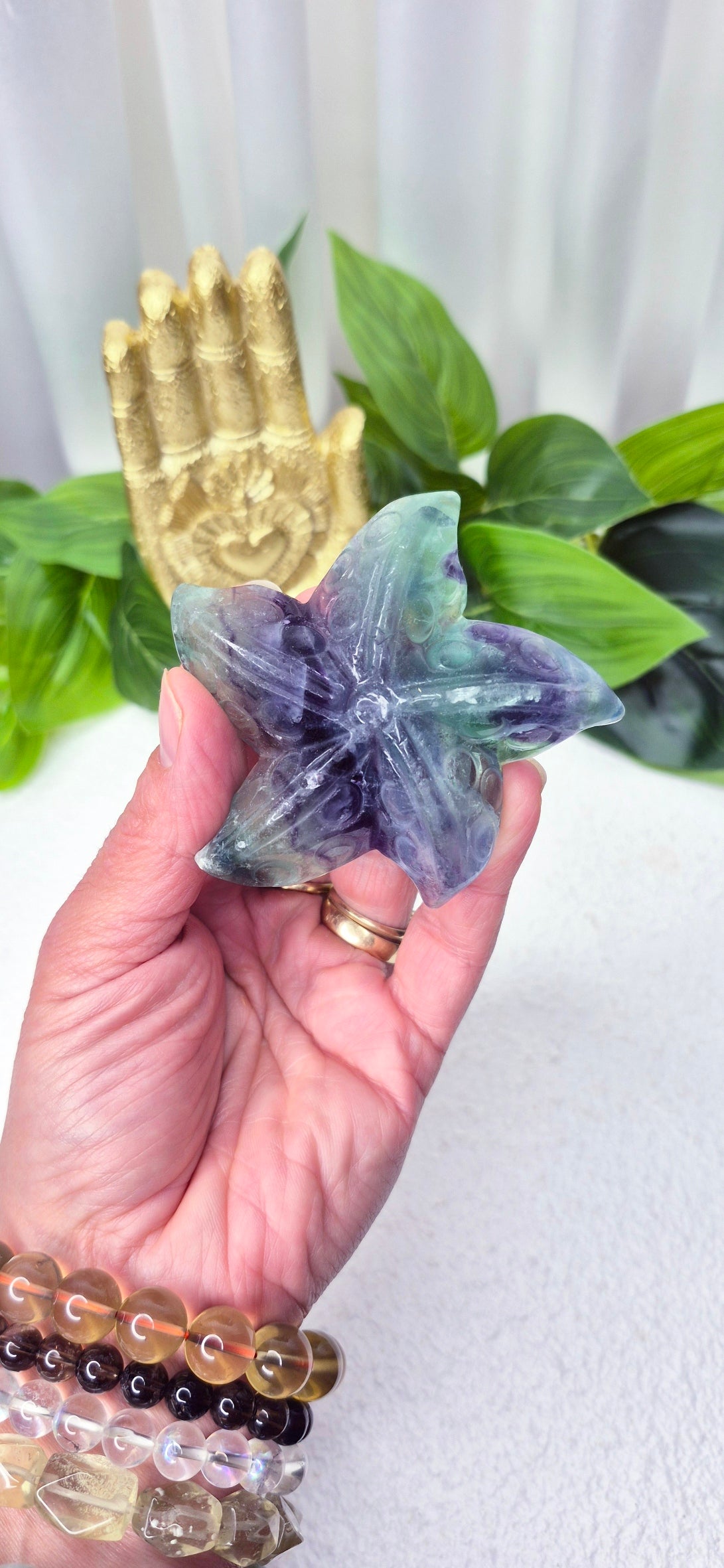 Rainbow Fluorite Star fish Carving