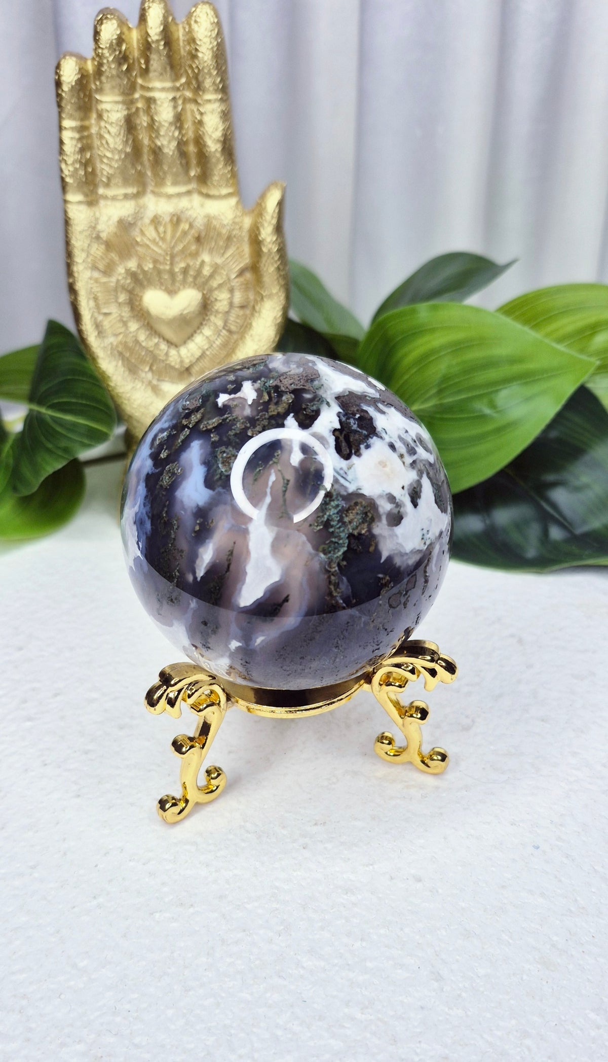 Statement Moss Agate Sphere on Stand