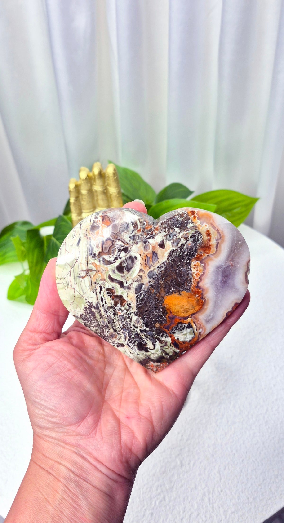 Money Agate Heart Carving on Stand