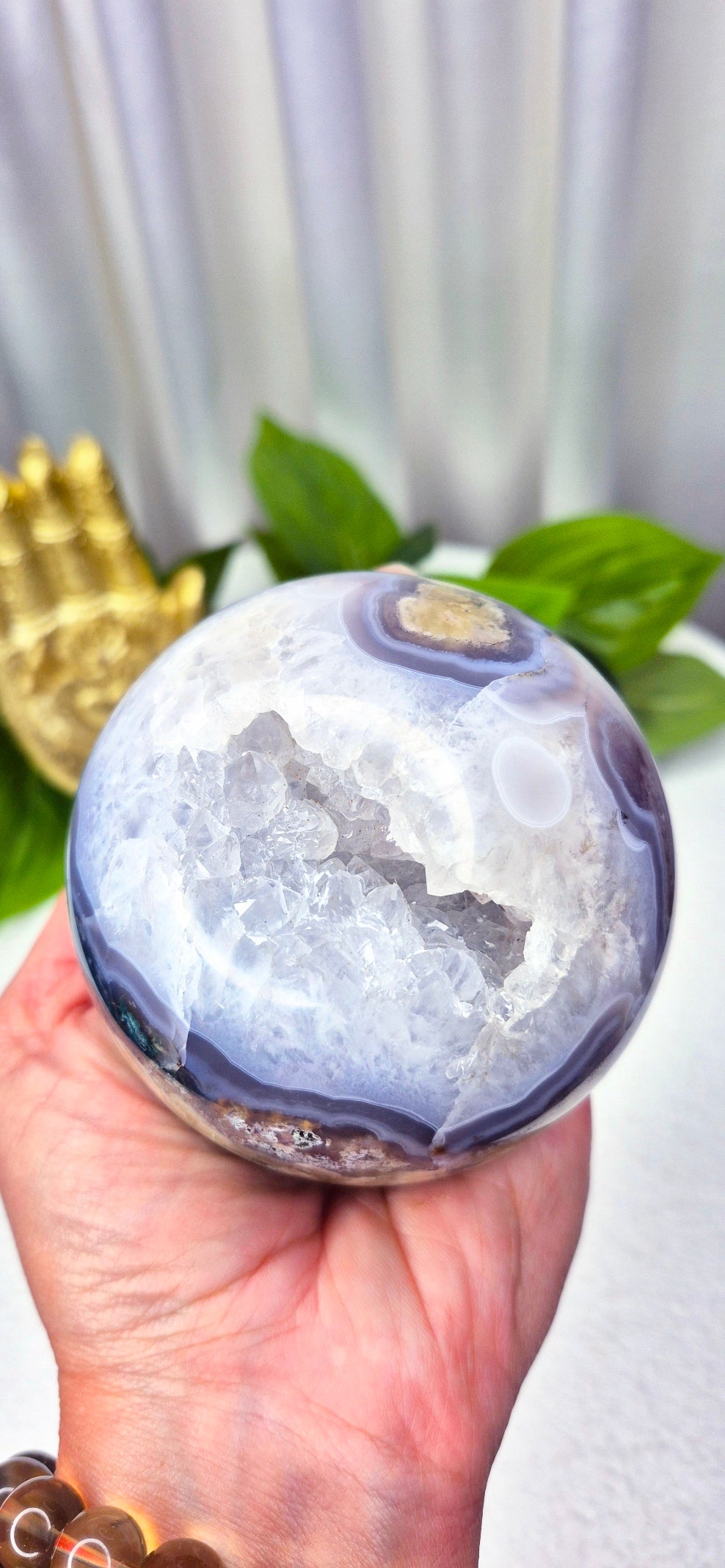 Statement Piece Druzy Cave Moss Agate Sphere on Stand