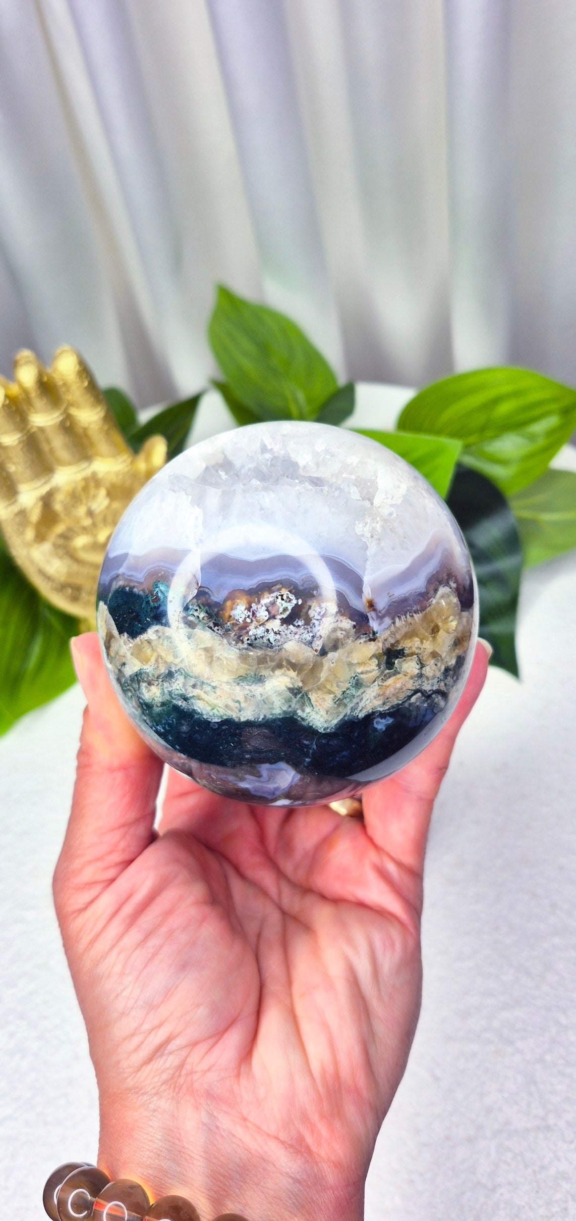 Statement Piece Druzy Cave Moss Agate Sphere on Stand