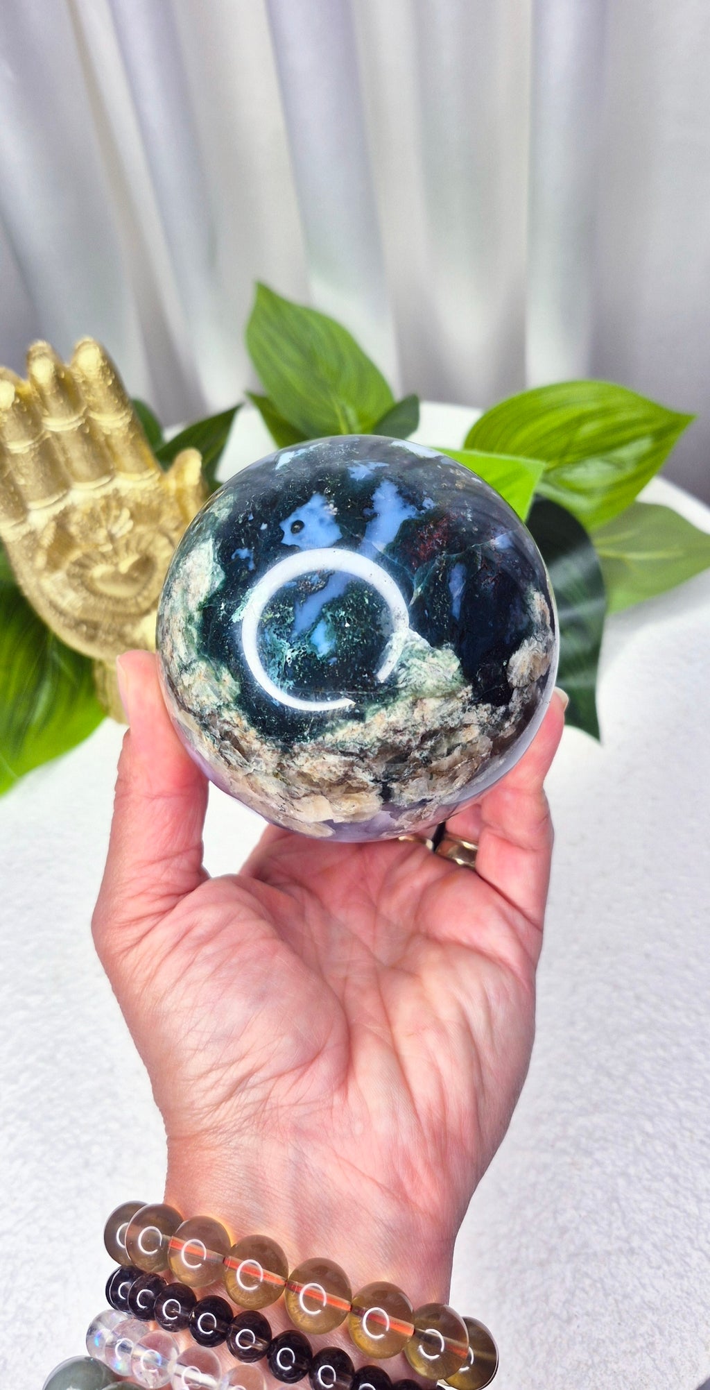 Statement Piece Druzy Cave Moss Agate Sphere on Stand