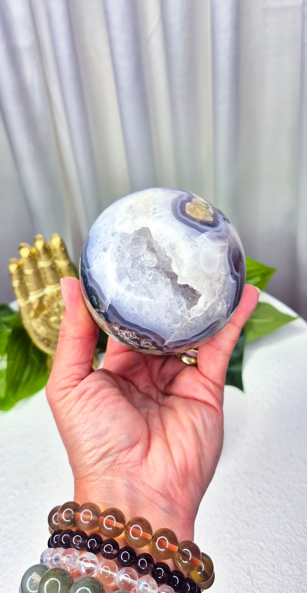 Statement Piece Druzy Cave Moss Agate Sphere on Stand