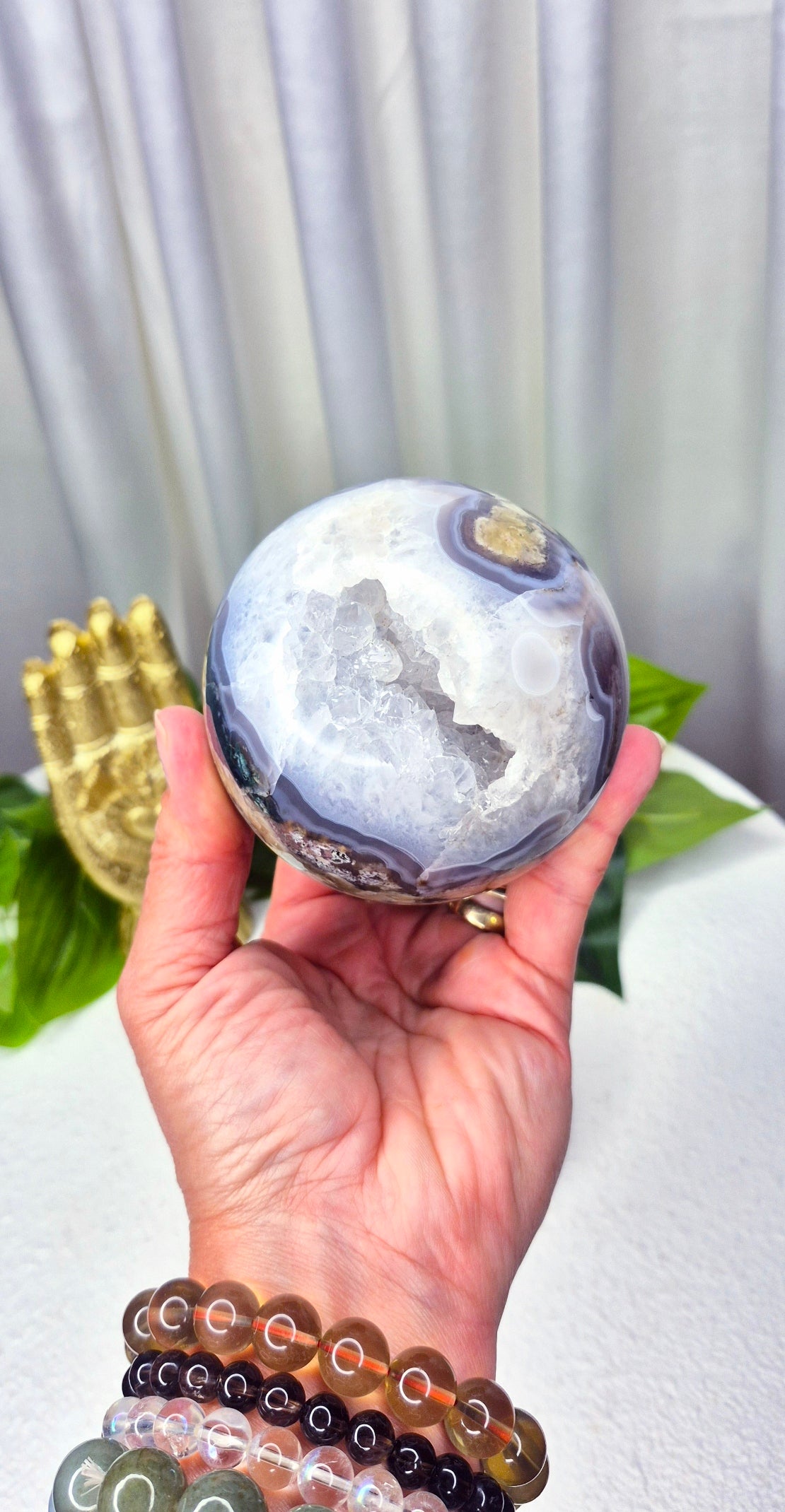 Statement Piece Druzy Cave Moss Agate Sphere on Stand