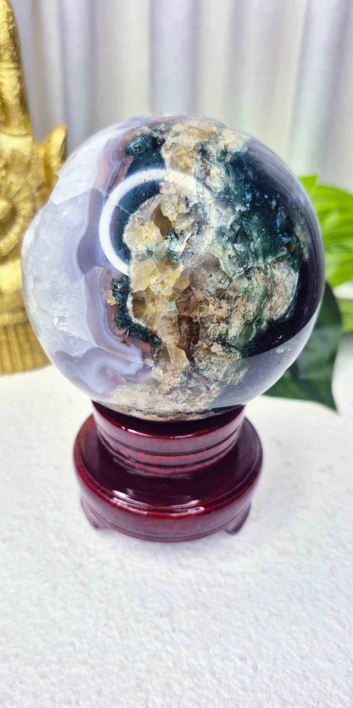 Statement Piece Druzy Cave Moss Agate Sphere on Stand