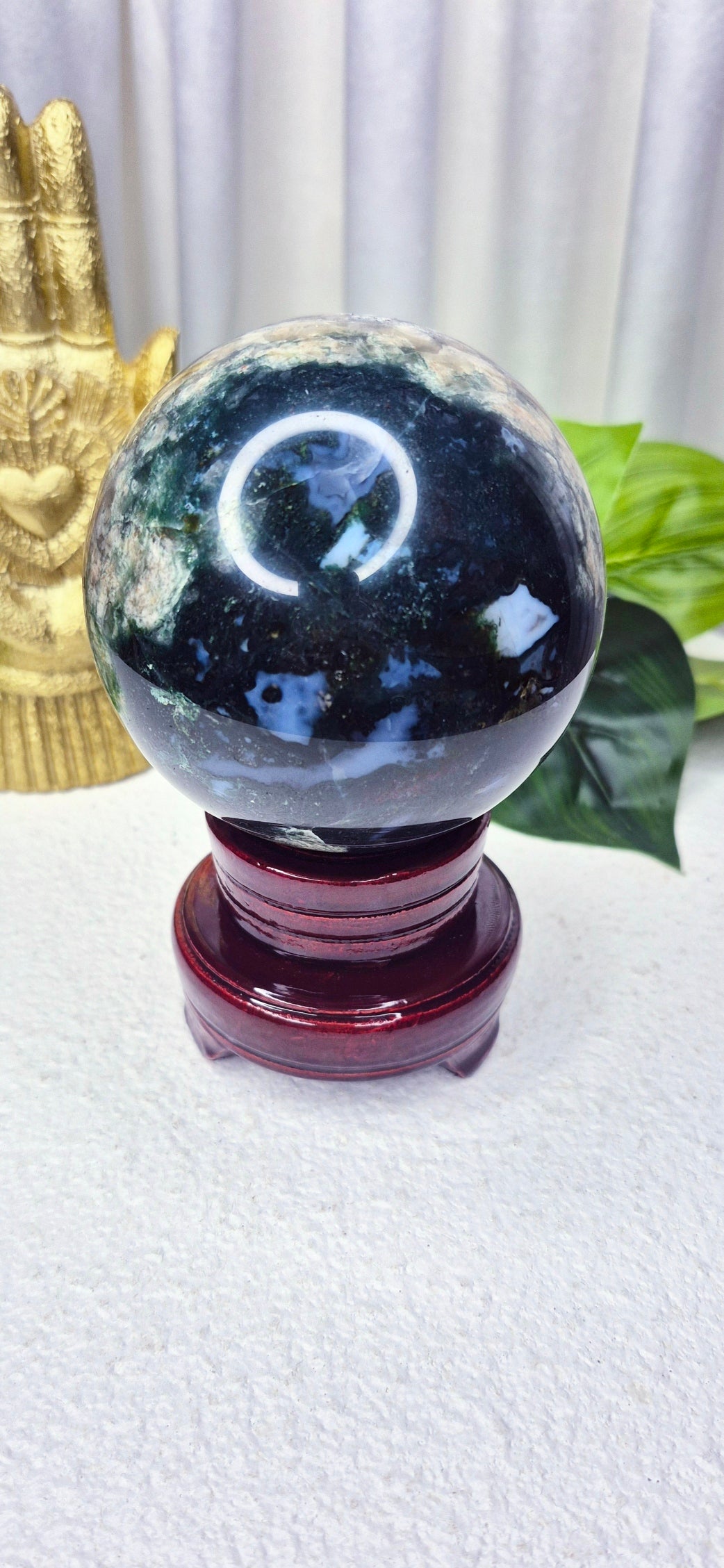 Statement Piece Druzy Cave Moss Agate Sphere on Stand
