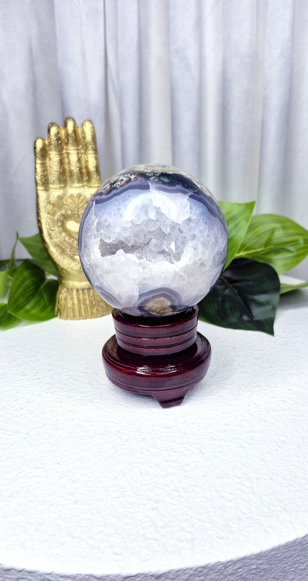 Statement Piece Druzy Cave Moss Agate Sphere on Stand