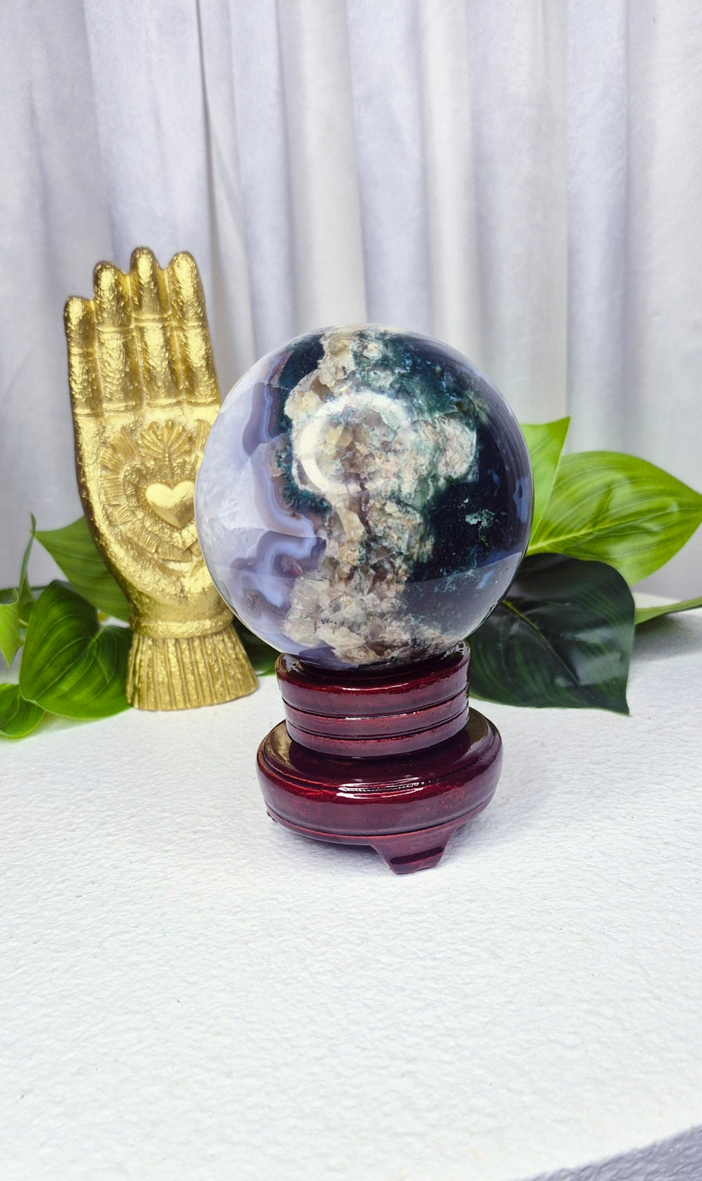 Statement Piece Druzy Cave Moss Agate Sphere on Stand
