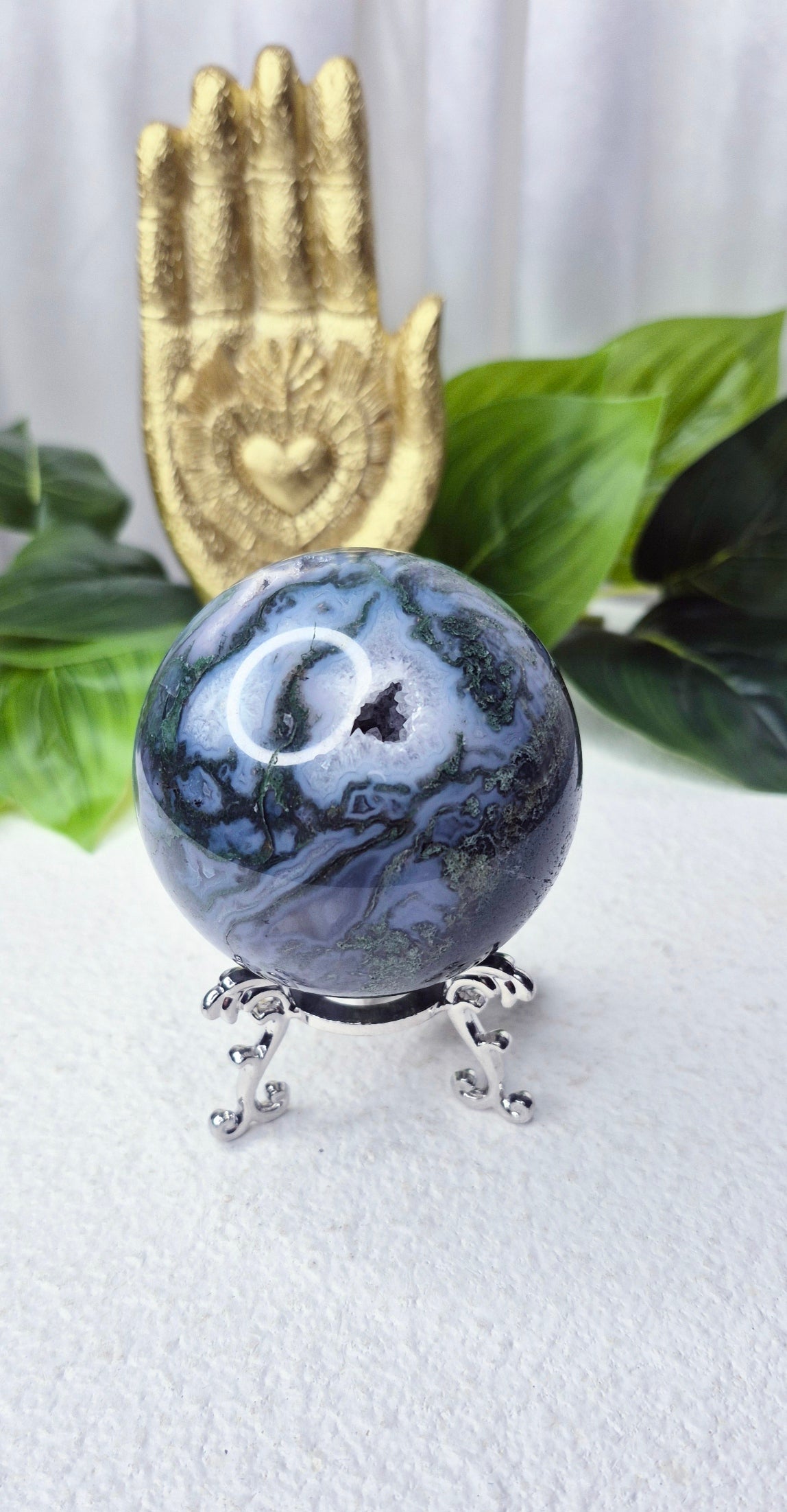 Moss Agate Sphere on Stand #A