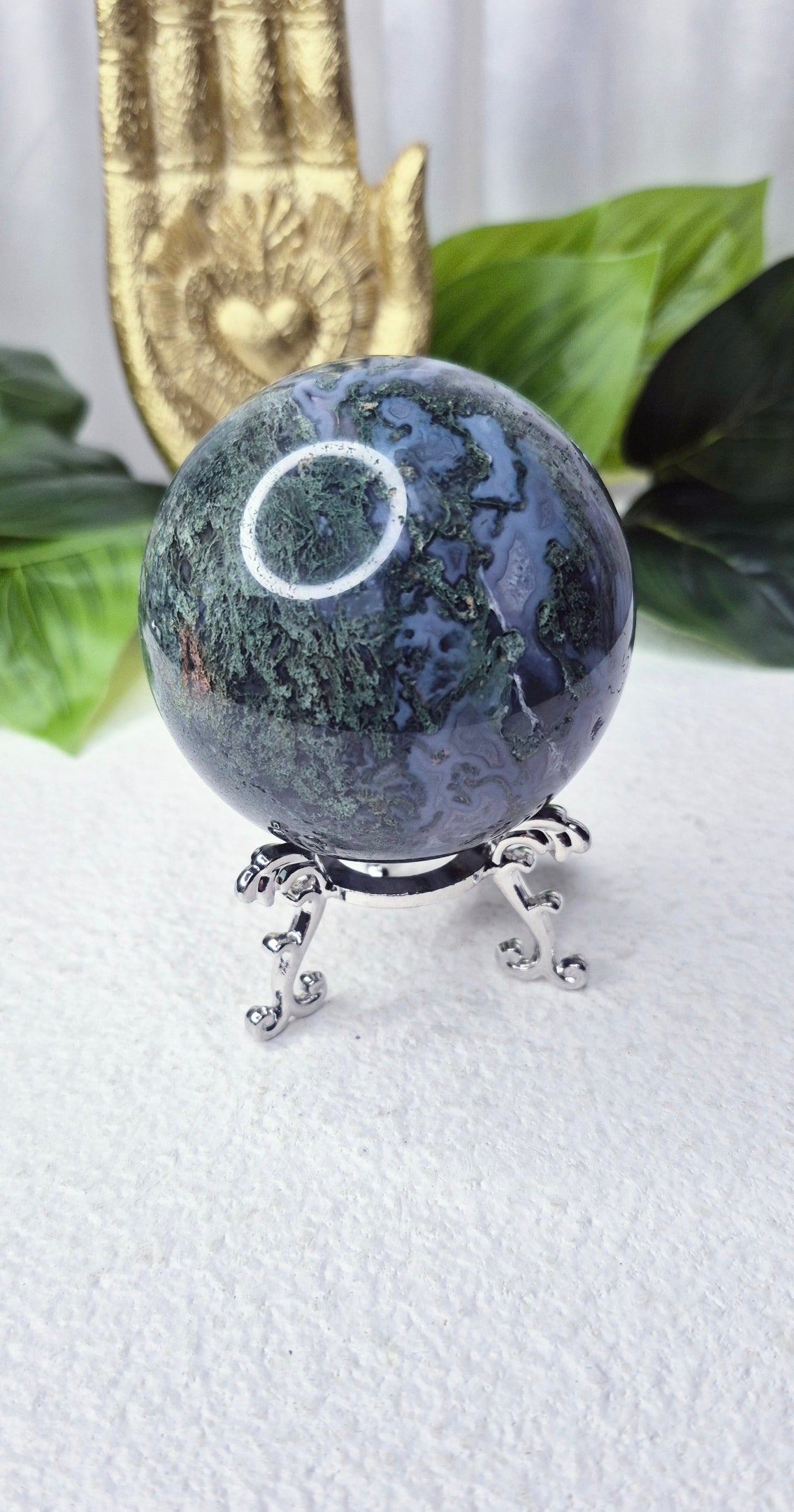 Moss Agate Sphere on Stand #A