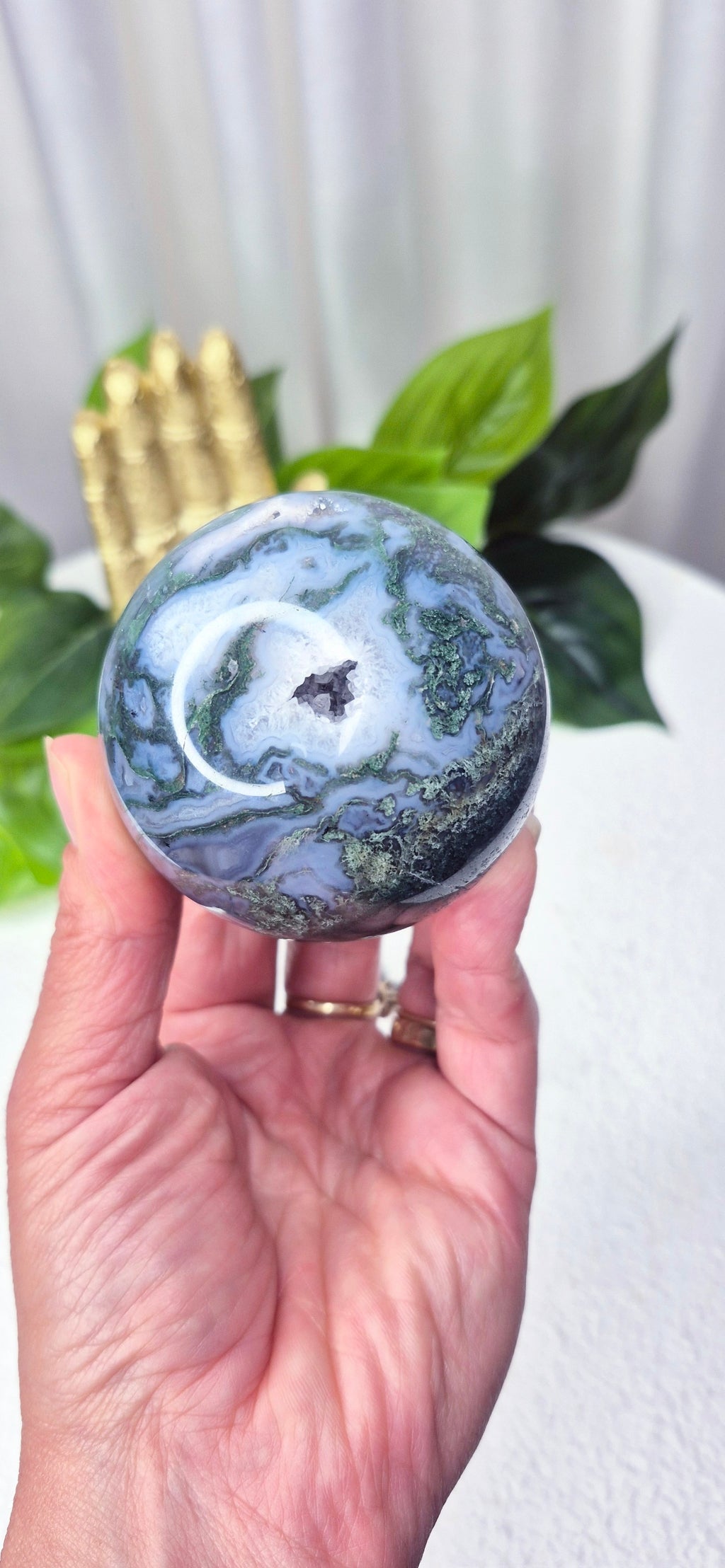 Moss Agate Sphere on Stand #A