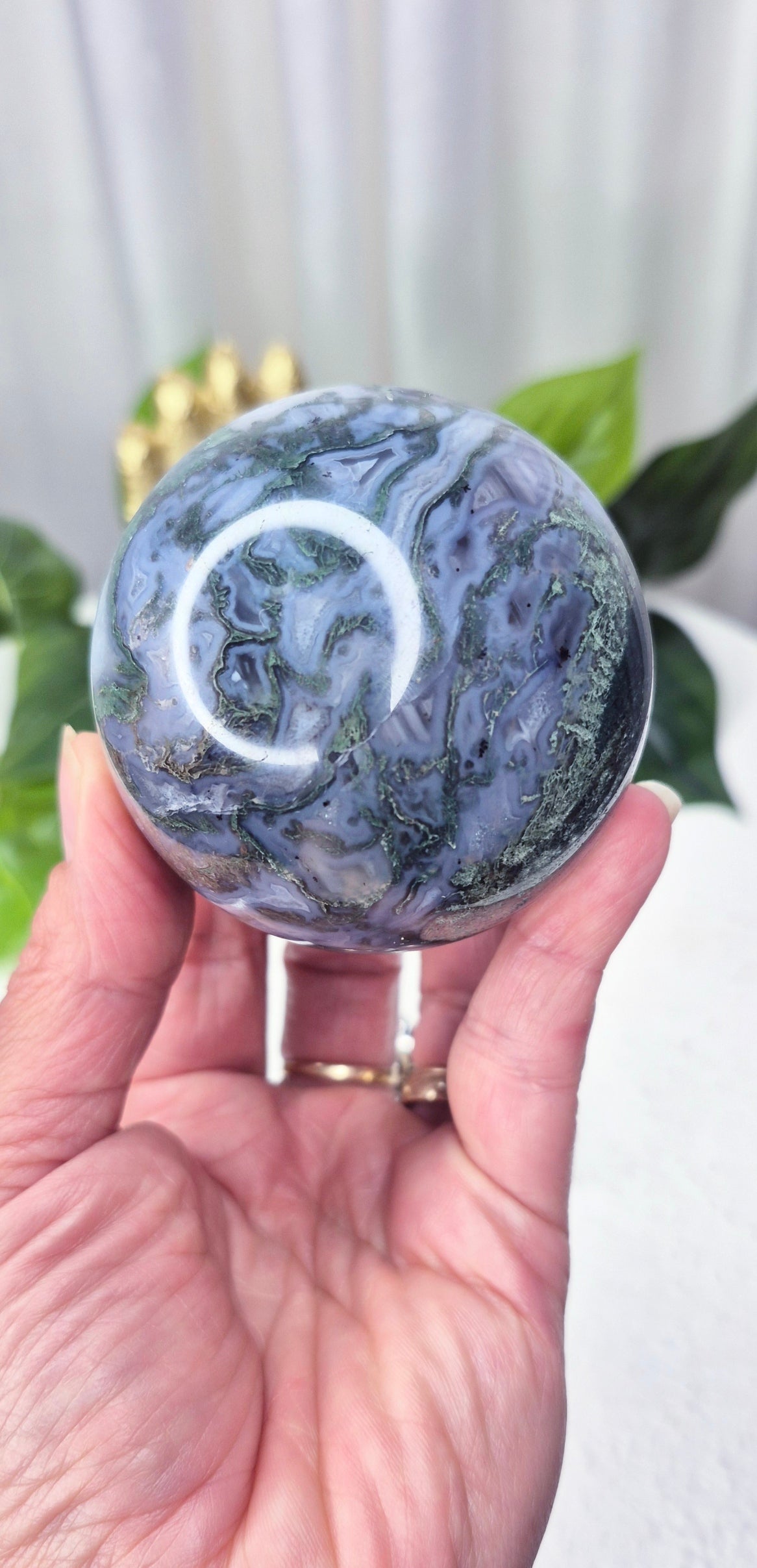 Moss Agate Sphere on Stand #A