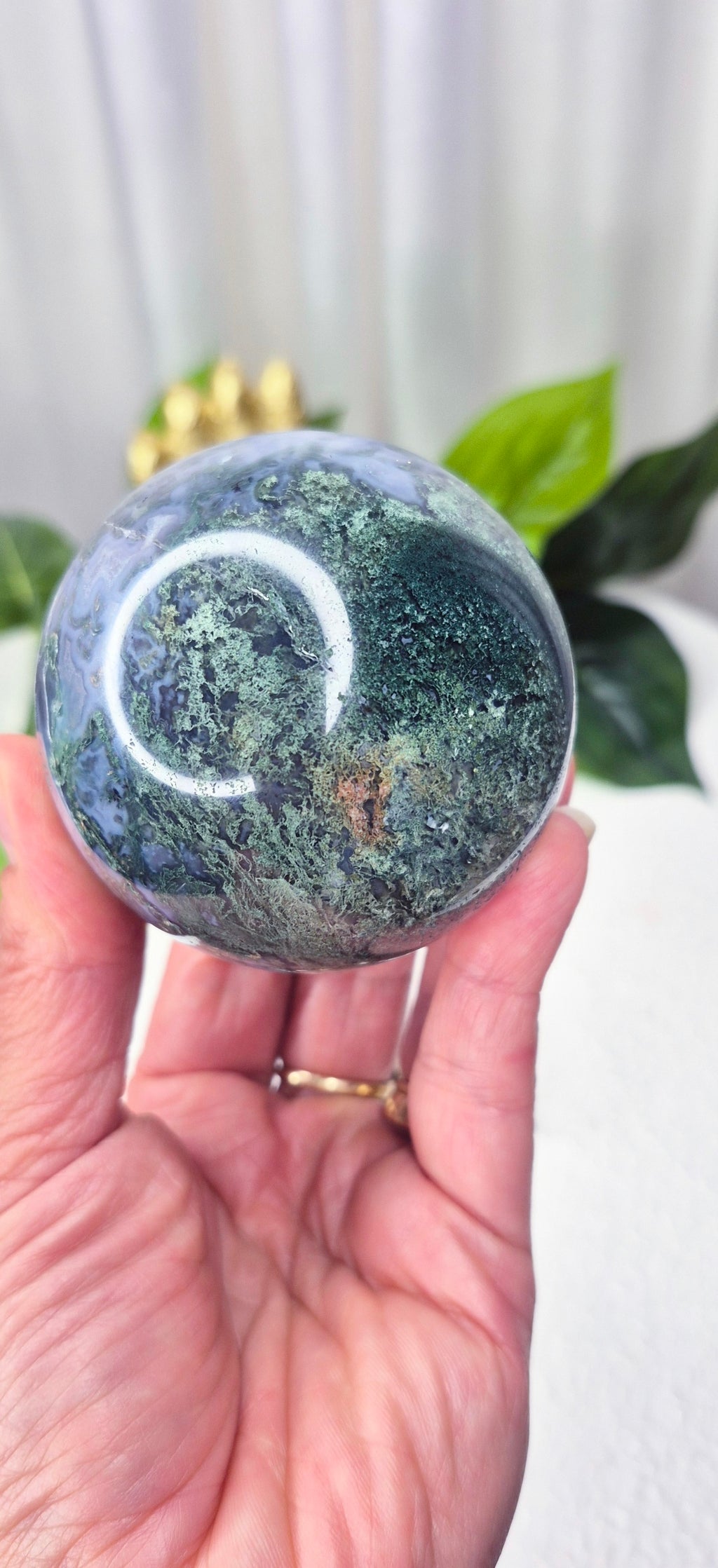 Moss Agate Sphere on Stand #A